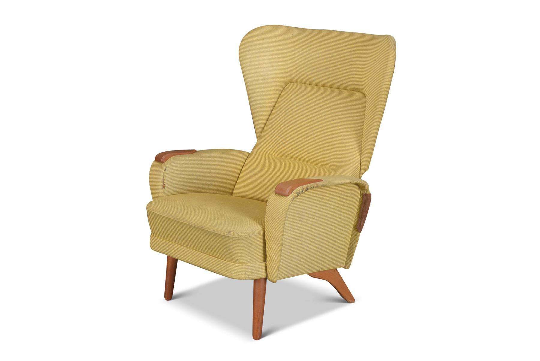 Danish Modern Curvy Wingback Chair in Teak + Yellow Wool In Excellent Condition For Sale In Berkeley, CA