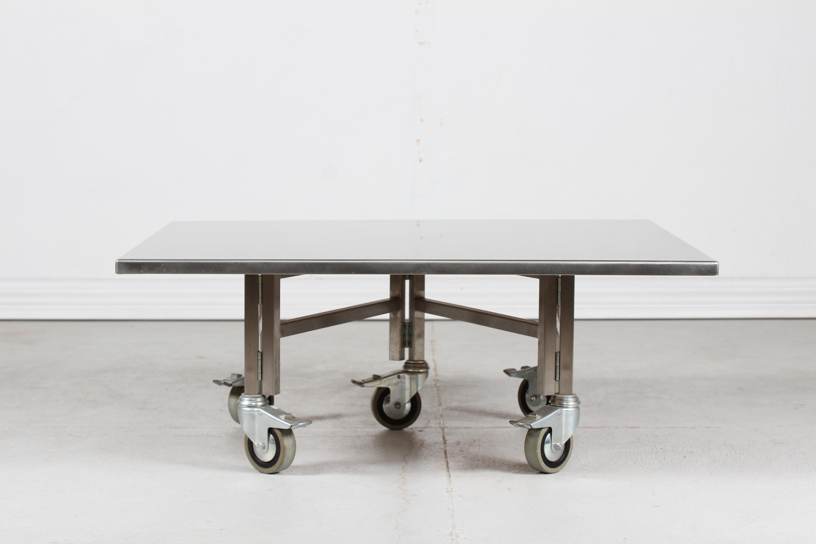 Late 20th Century Danish Modern Custom Made Square Steel Coffee Table on Wheels Denmark 1980s For Sale