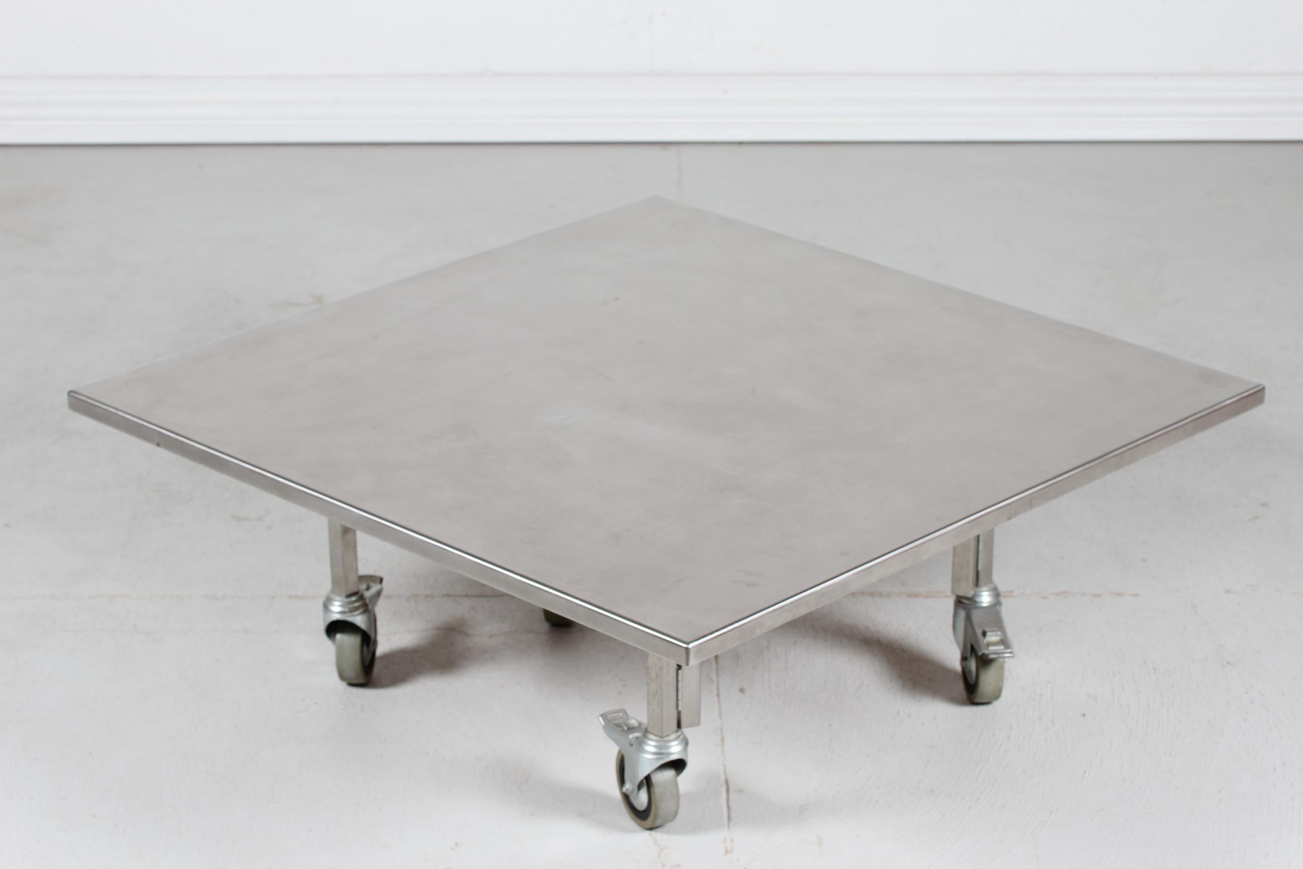 Stainless Steel Danish Modern Custom Made Square Steel Coffee Table on Wheels Denmark 1980s For Sale