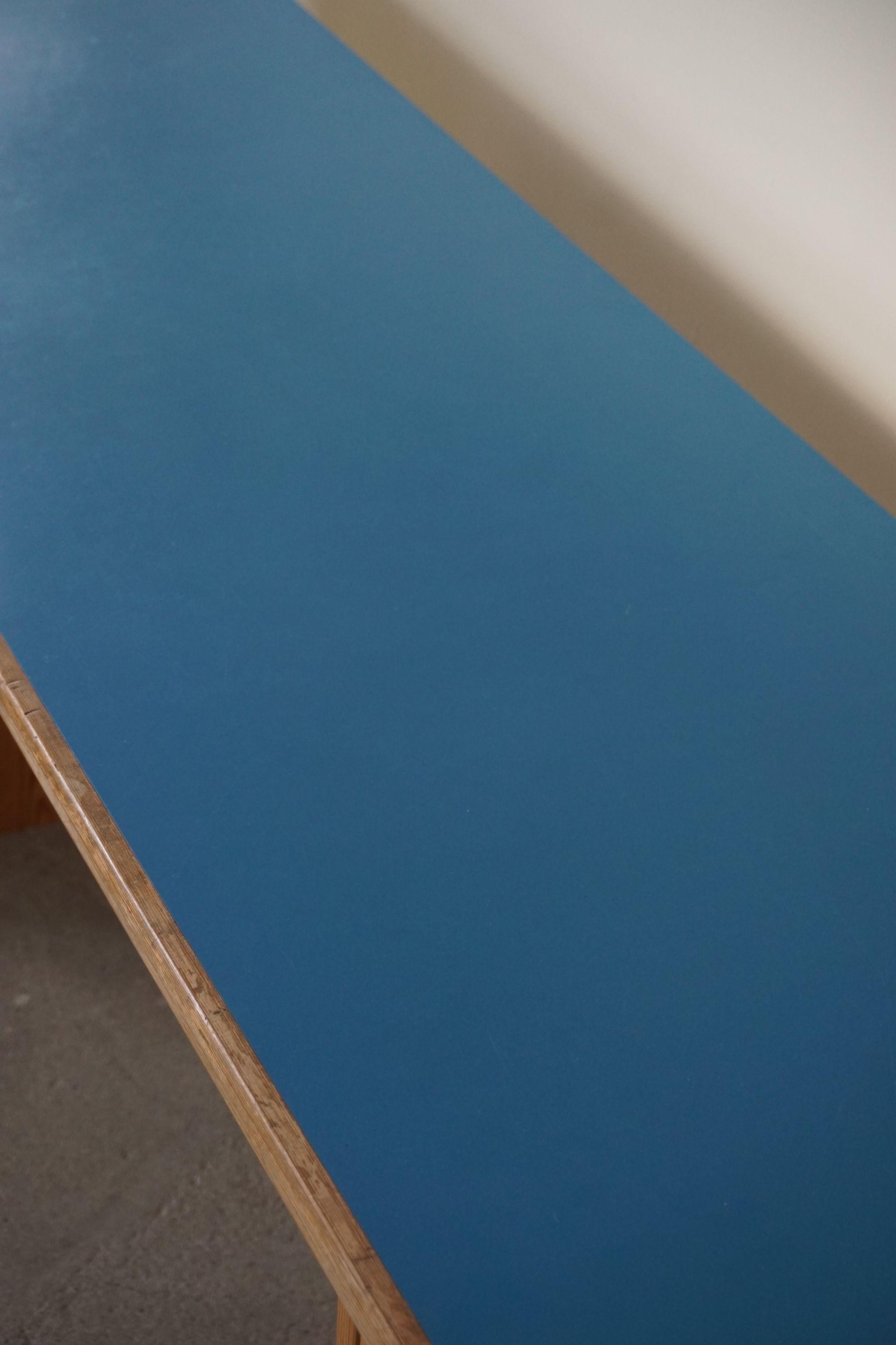 Laminate Danish Modern Desk in Pine and Blue Formica, 1970s