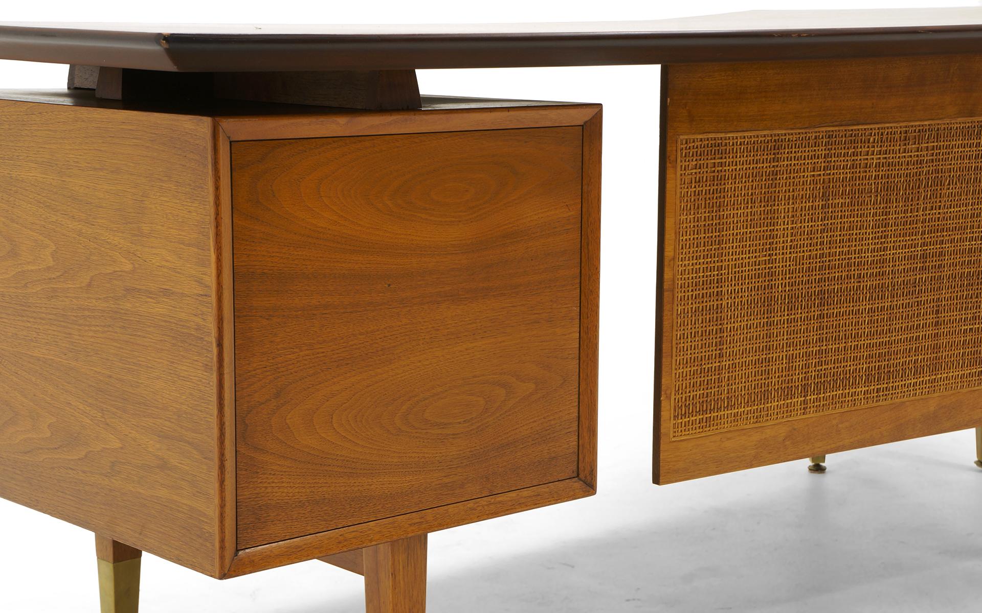 Danish Modern Desk, Large Asymmetrical Walnut Top, Cane Modesty Panels 1