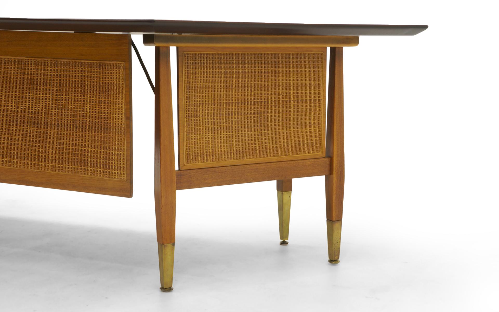 Danish Modern Desk, Large Asymmetrical Walnut Top, Cane Modesty Panels 2