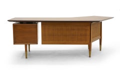 Danish Modern Desk, Large Asymmetrical Walnut Top, Cane Modesty Panels