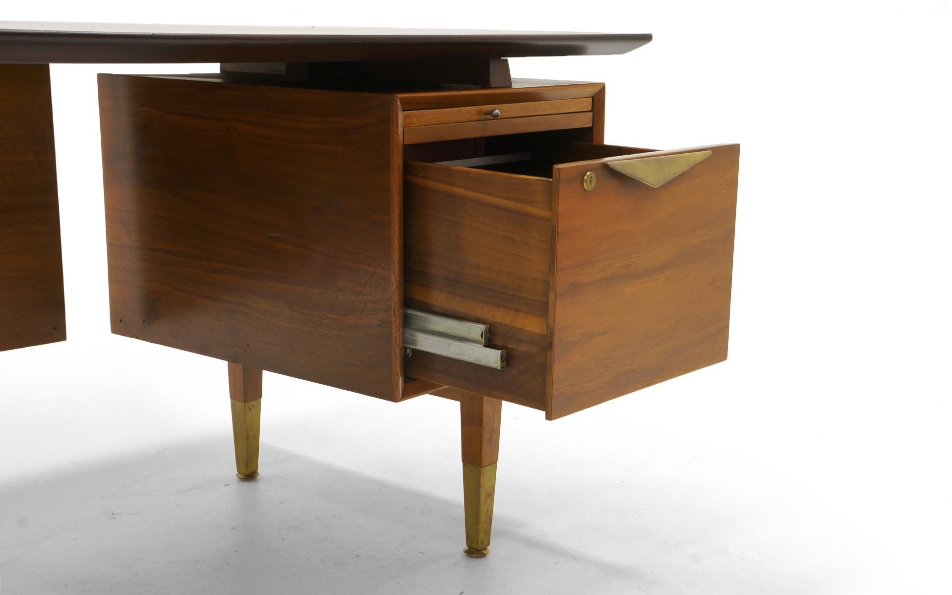 Mid-20th Century Danish Modern Desk, Large Asymmetrical Walnut Top, Cane Modesty Panels
