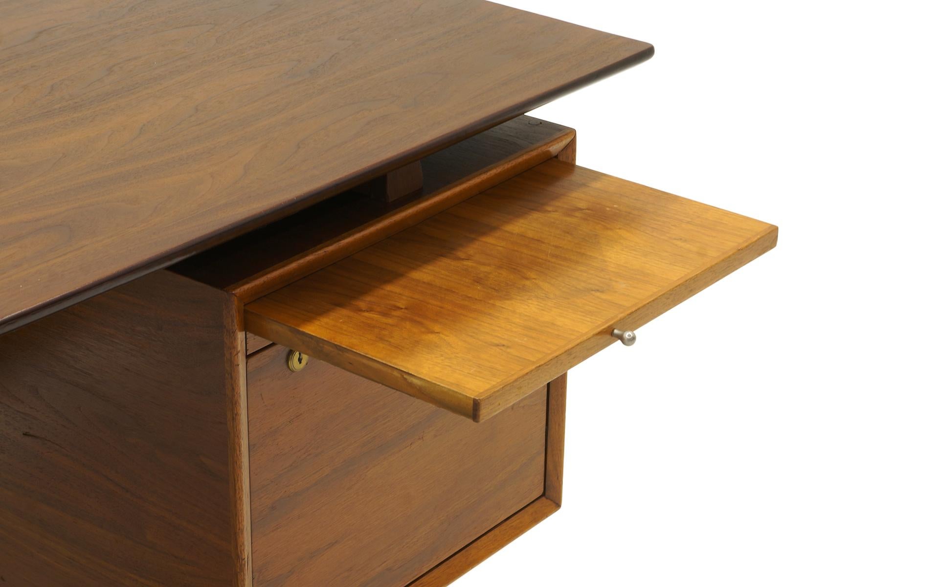 Brass Danish Modern Desk, Large Asymmetrical Walnut Top, Cane Modesty Panels