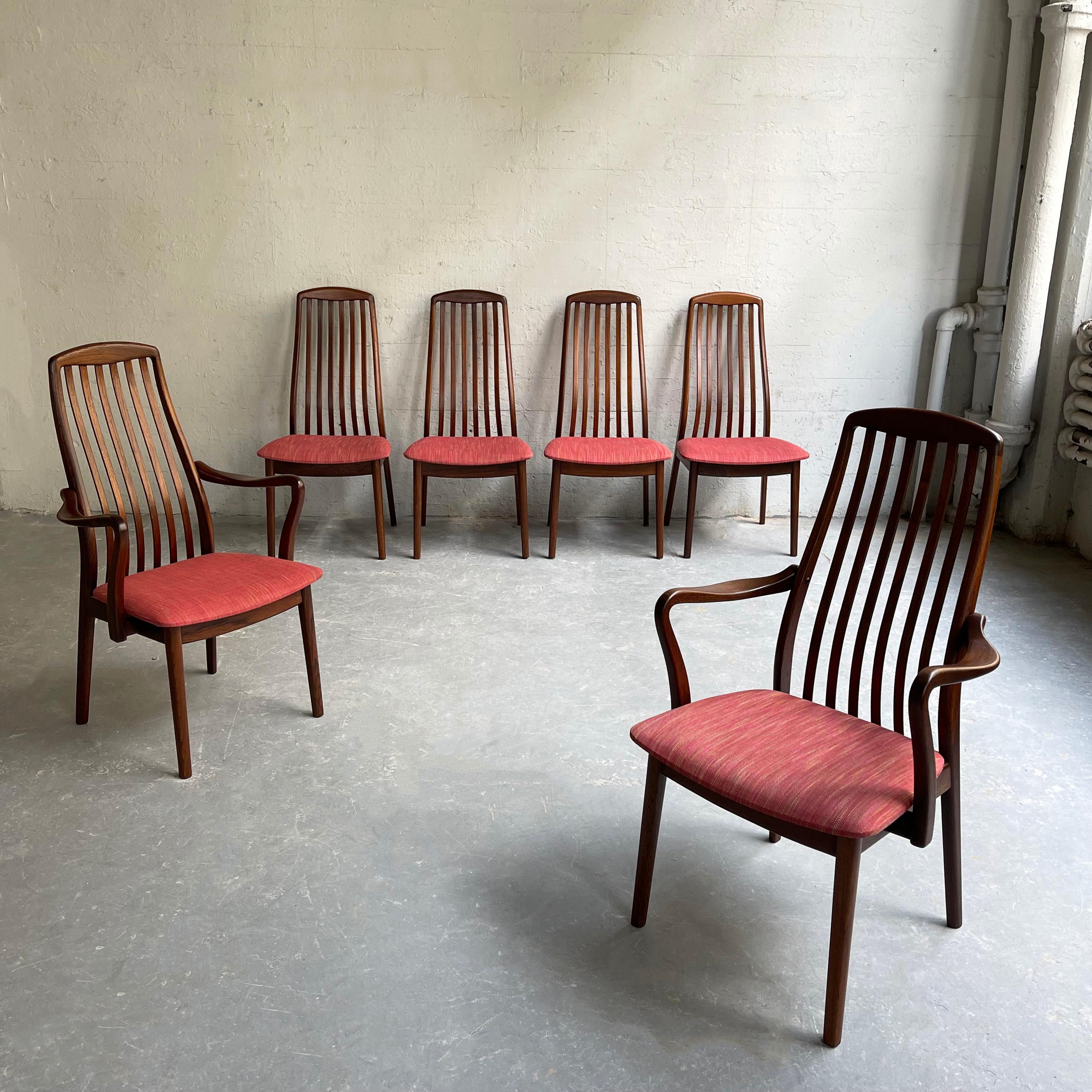 Set of 6, Danish modern, teak dining chairs by Preben Schou feature high, contoured slat backs with newly upholstered seats. The set consists of 4 side chairs and 2 captain armchairs that measure 22.5 inches width.