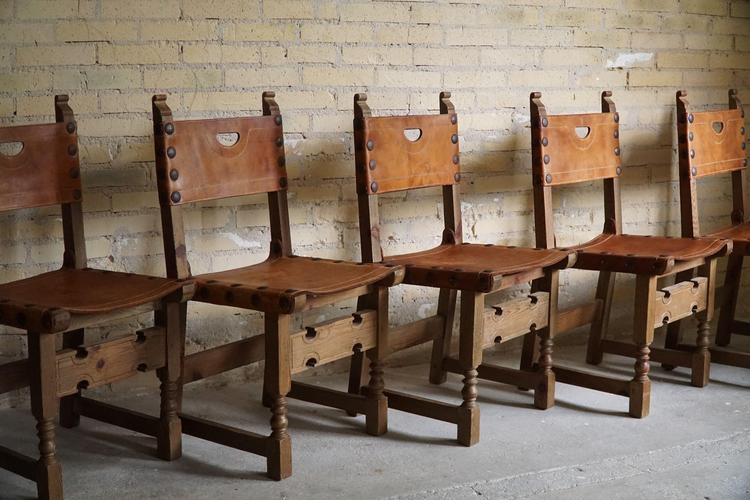 Spanish Modern Dining Chairs in Leather and Stained Pine, Set of 6, ca 1950s 5