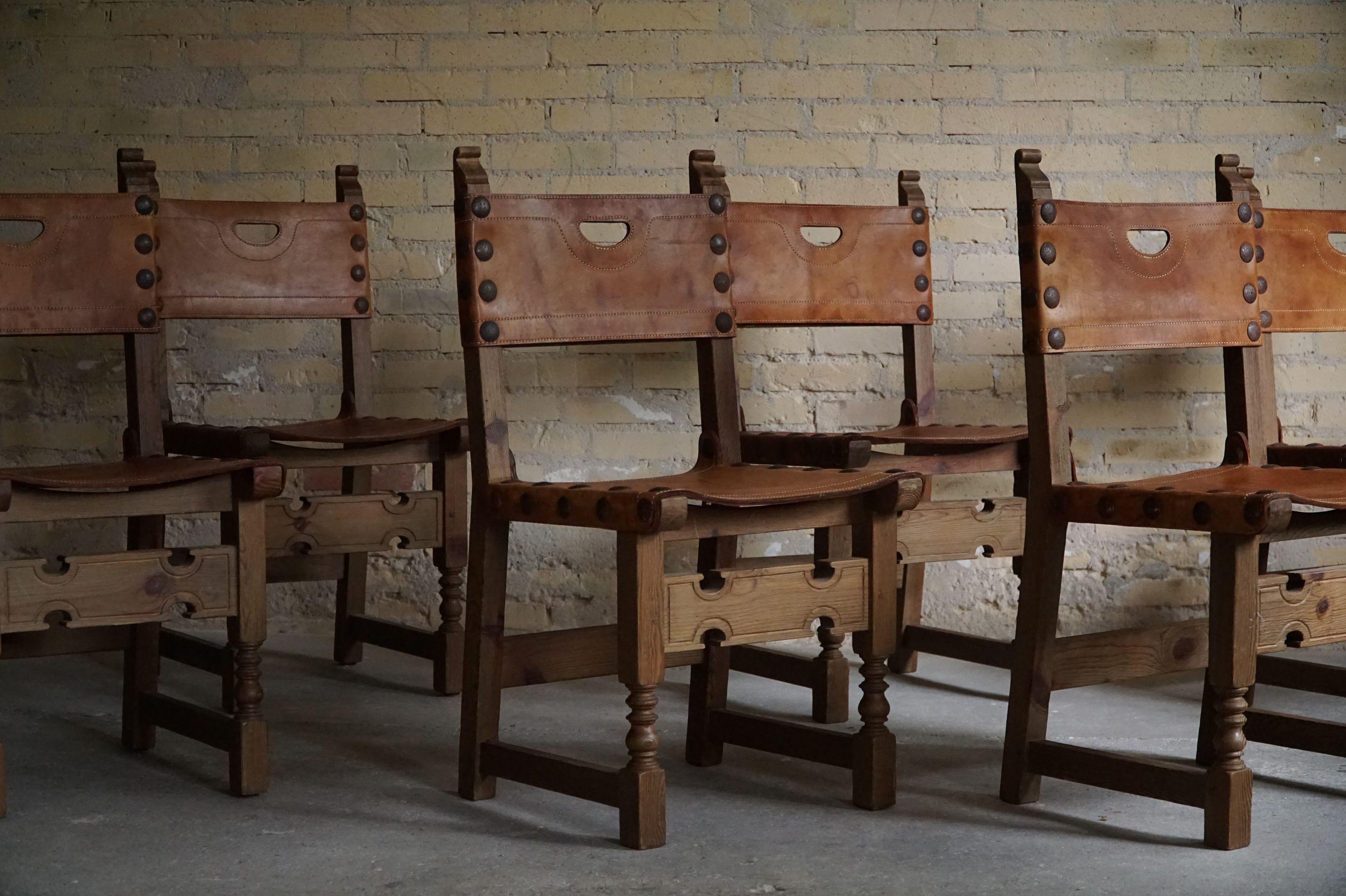 Spanish Modern Dining Chairs in Leather and Stained Pine, Set of 6, ca 1950s 6