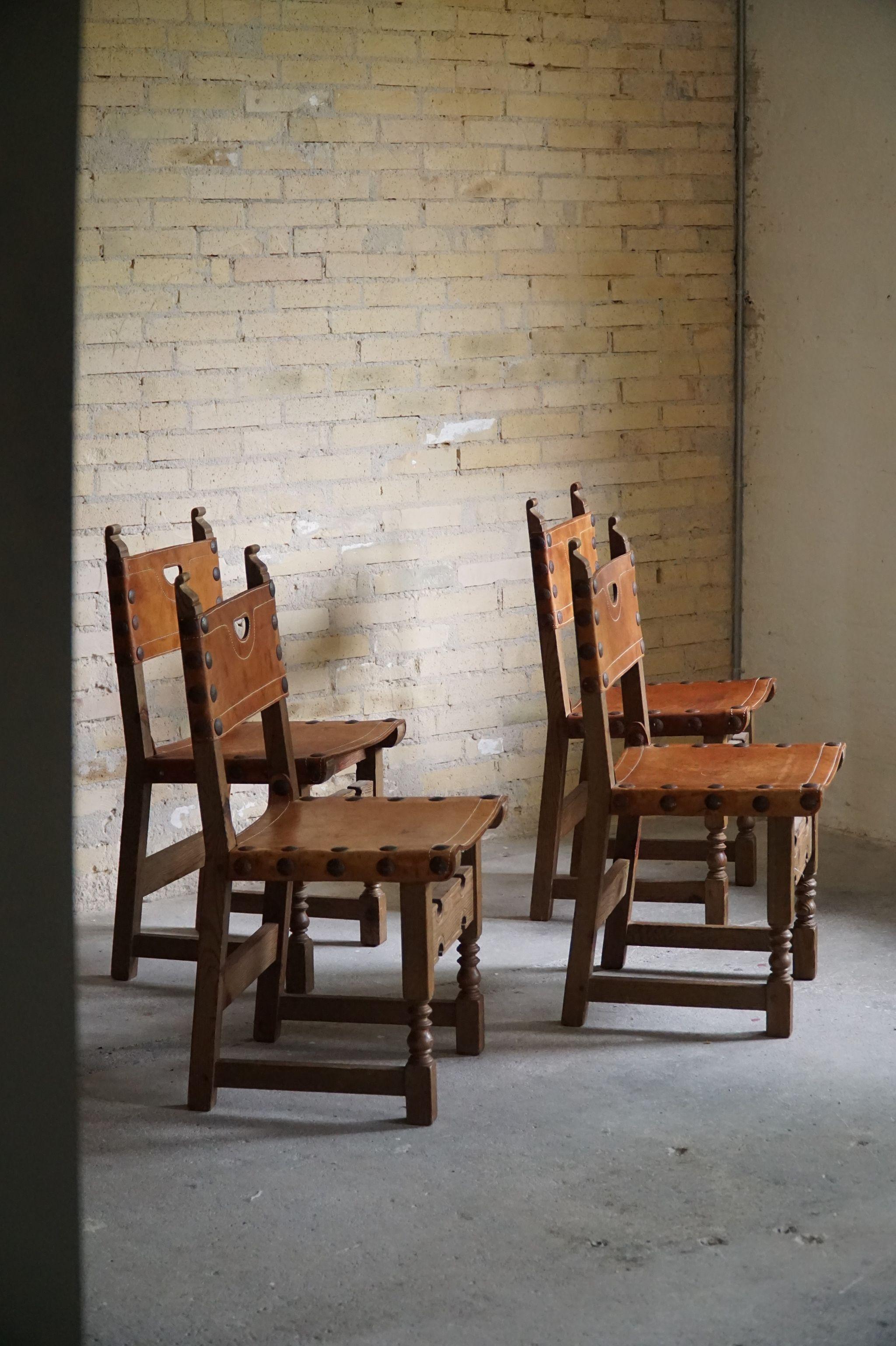 Spanish Modern Dining Chairs in Leather and Stained Pine, Set of 6, ca 1950s 7