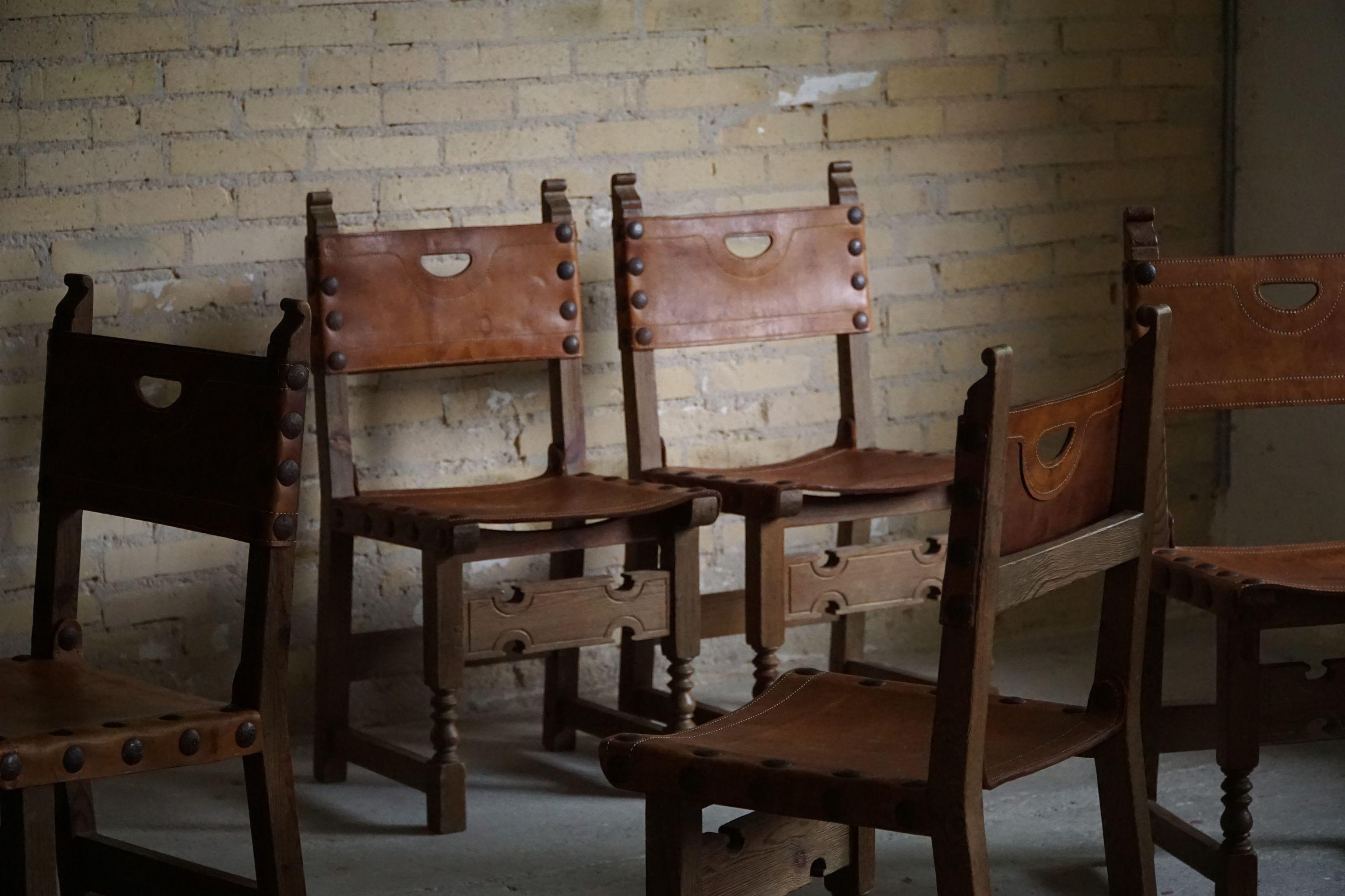 Spanish Modern Dining Chairs in Leather and Stained Pine, Set of 6, ca 1950s 9