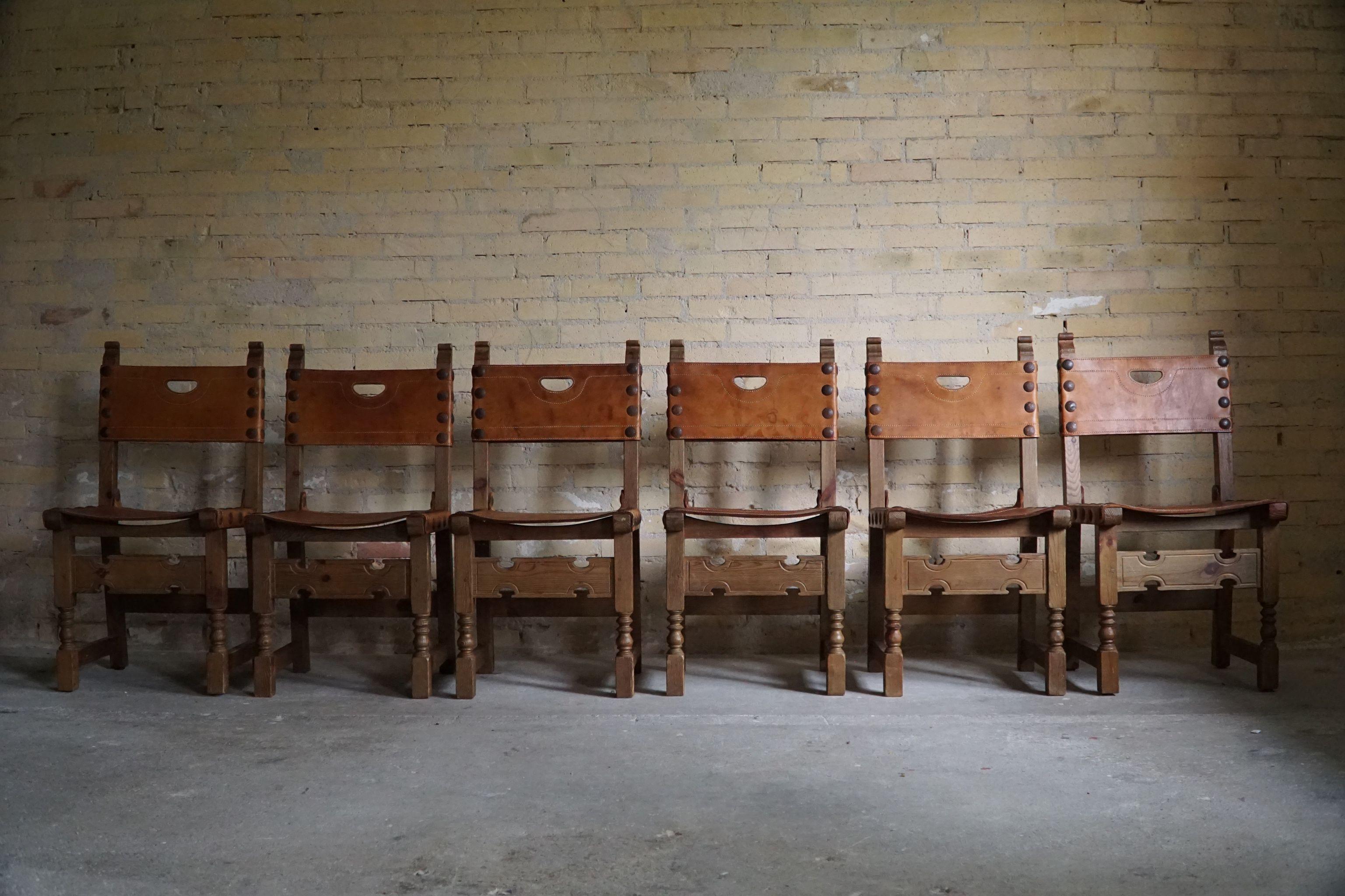Spanish Modern Dining Chairs in Leather and Stained Pine, Set of 6, ca 1950s 10