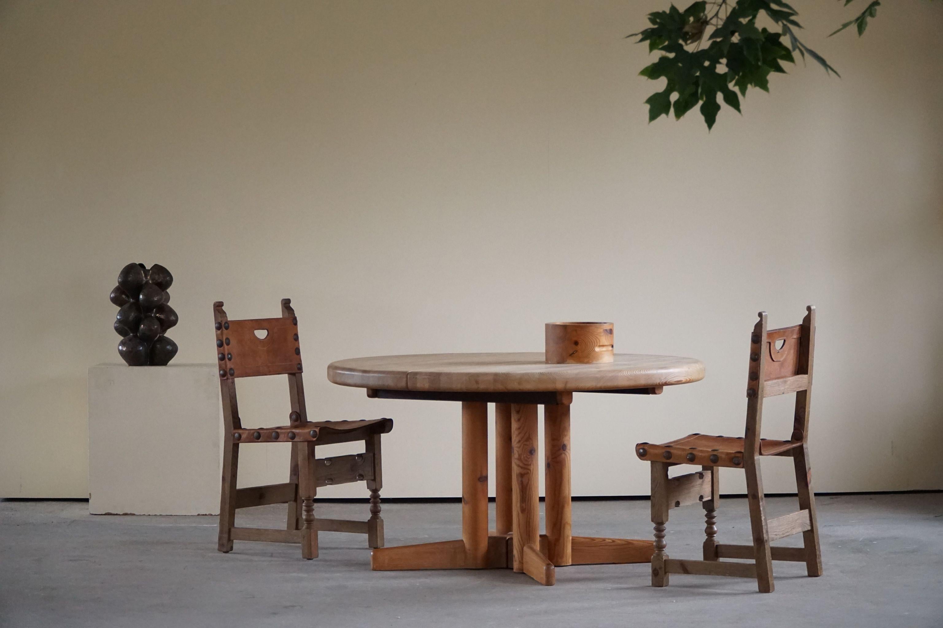 Spanish Modern Dining Chairs in Leather and Stained Pine, Set of 6, ca 1950s 14