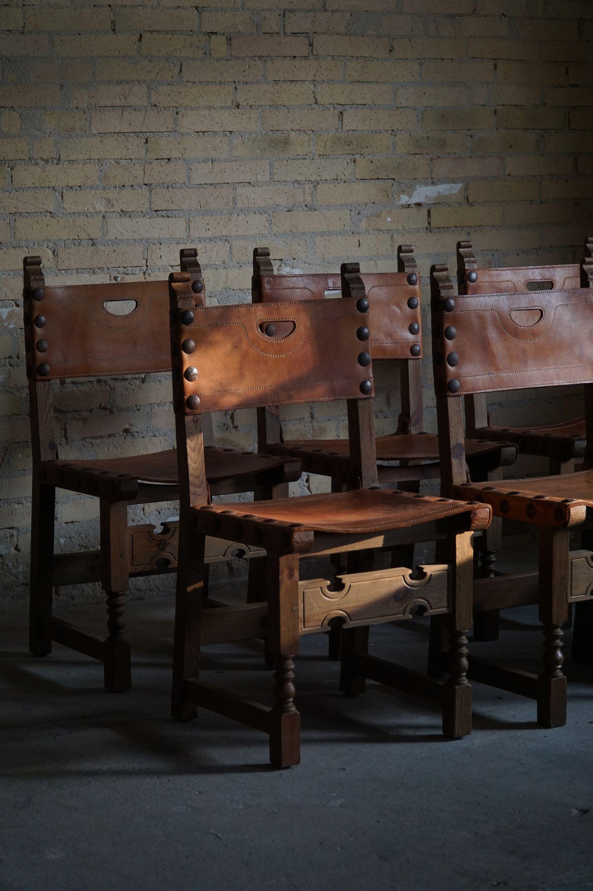 Scandinavian Modern Spanish Modern Dining Chairs in Leather and Stained Pine, Set of 6, ca 1950s