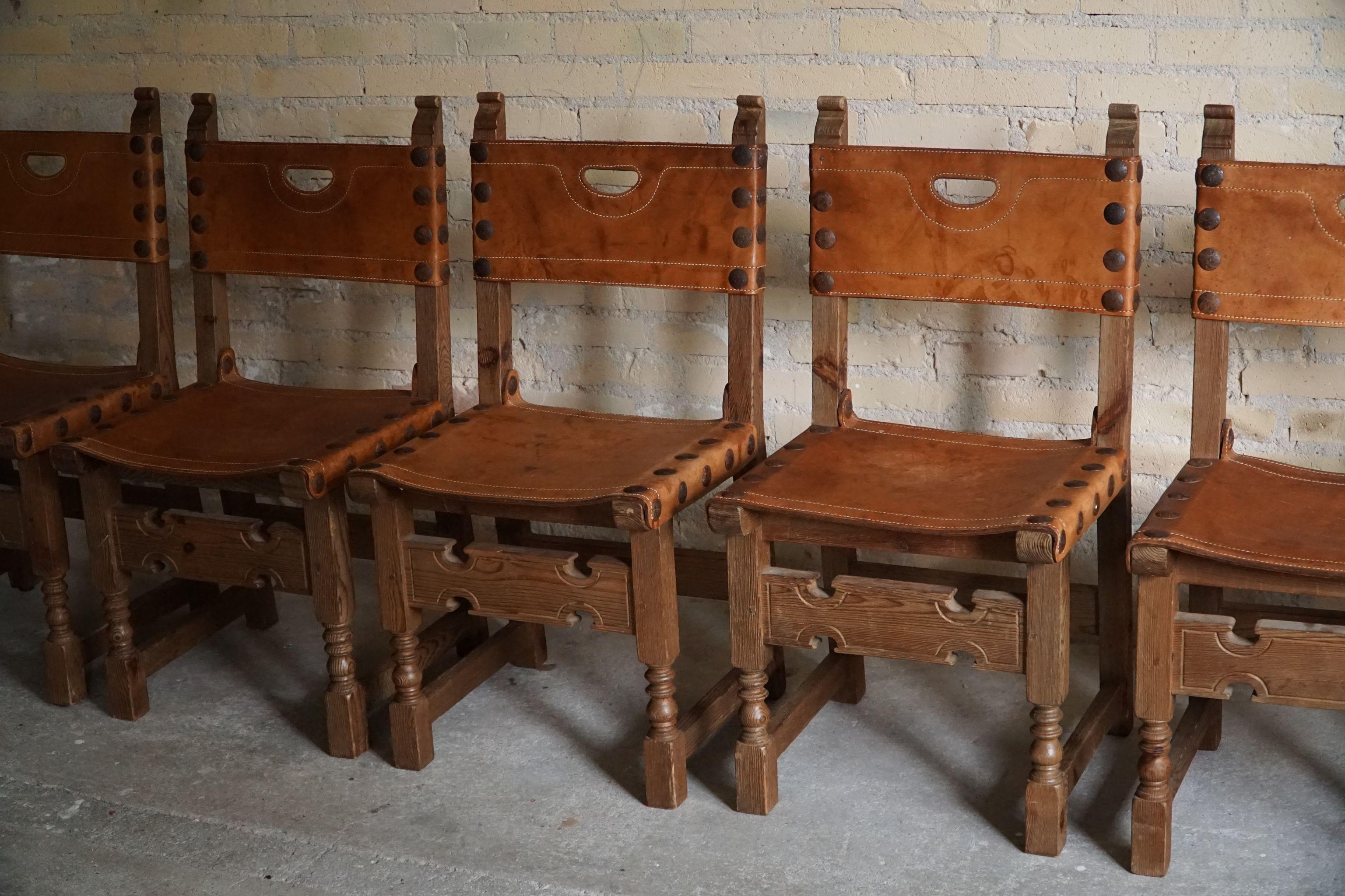 Spanish Modern Dining Chairs in Leather and Stained Pine, Set of 6, ca 1950s 1