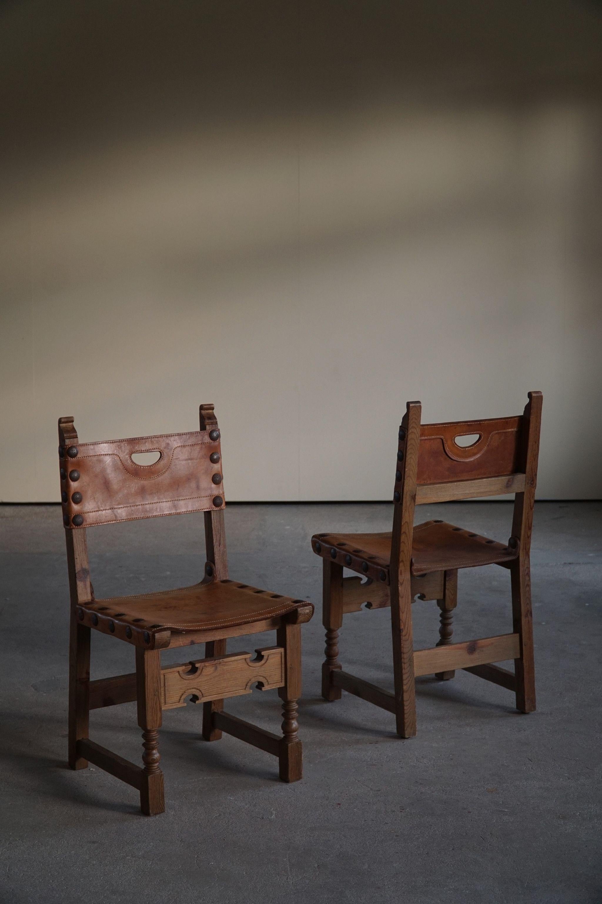 Spanish Modern Dining Chairs in Leather and Stained Pine, Set of 6, ca 1950s 3