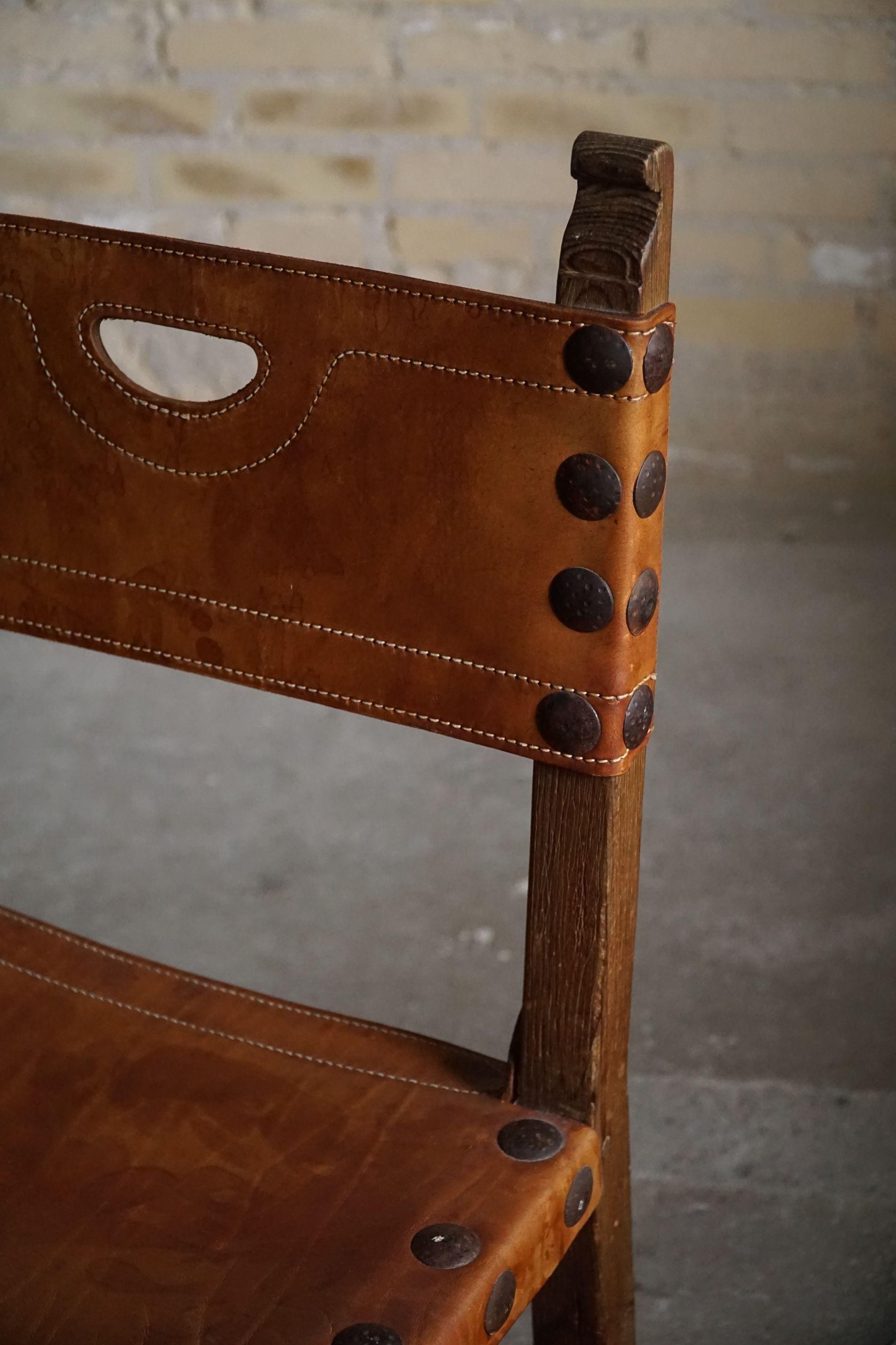 Spanish Modern Dining Chairs in Leather and Stained Pine, Set of 6, ca 1950s 4