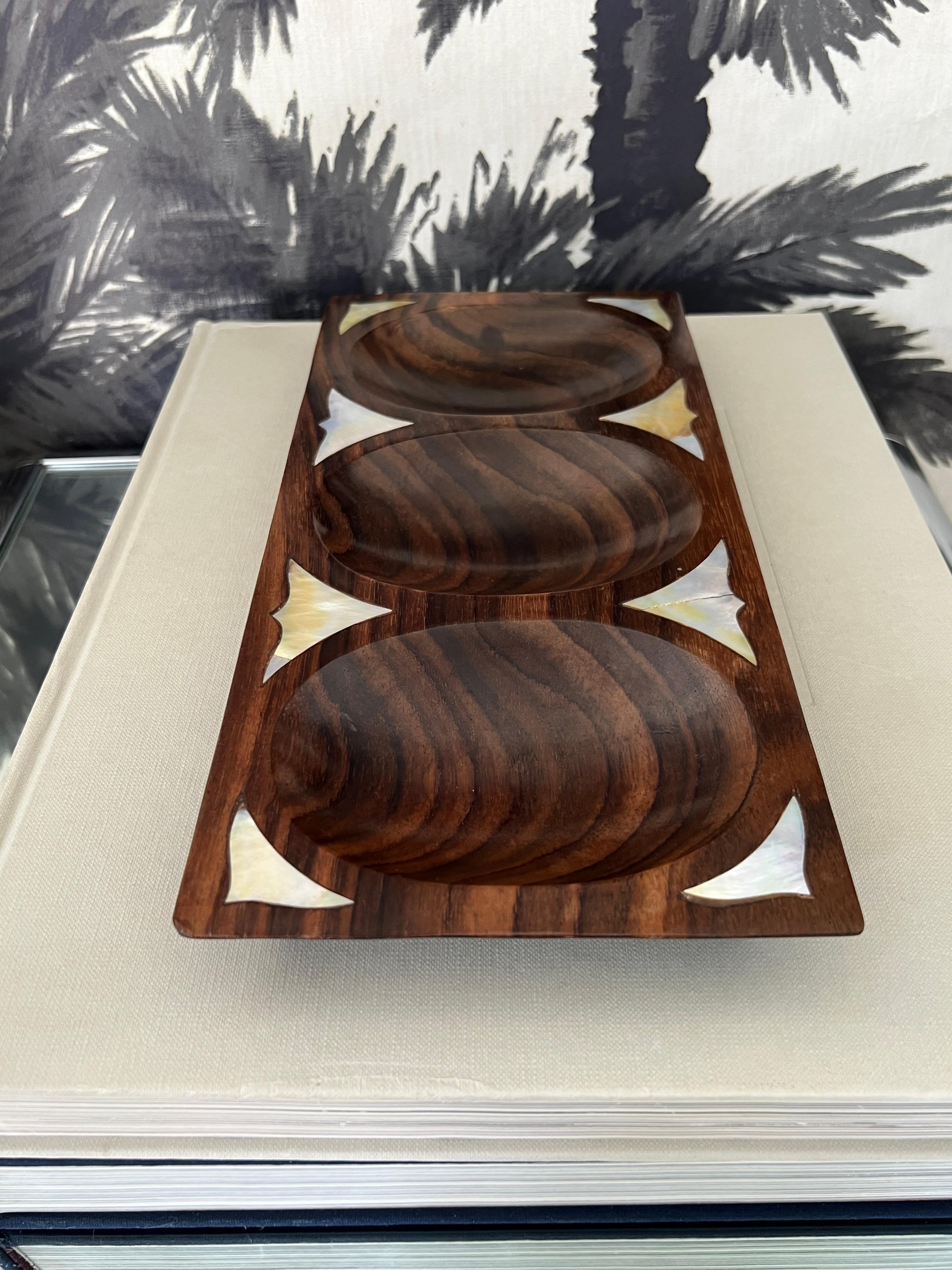 Danish Modern Divided Tray in Rosewood with Mother of Pearl Inlays, c. 1960's In Good Condition For Sale In Fort Lauderdale, FL