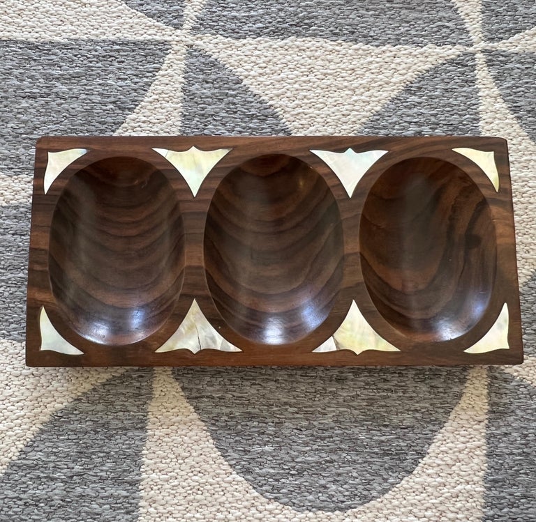 Mother-of-Pearl Danish Modern Divided Tray in Rosewood with Mother of Pearl Inlays, c. 1960's For Sale
