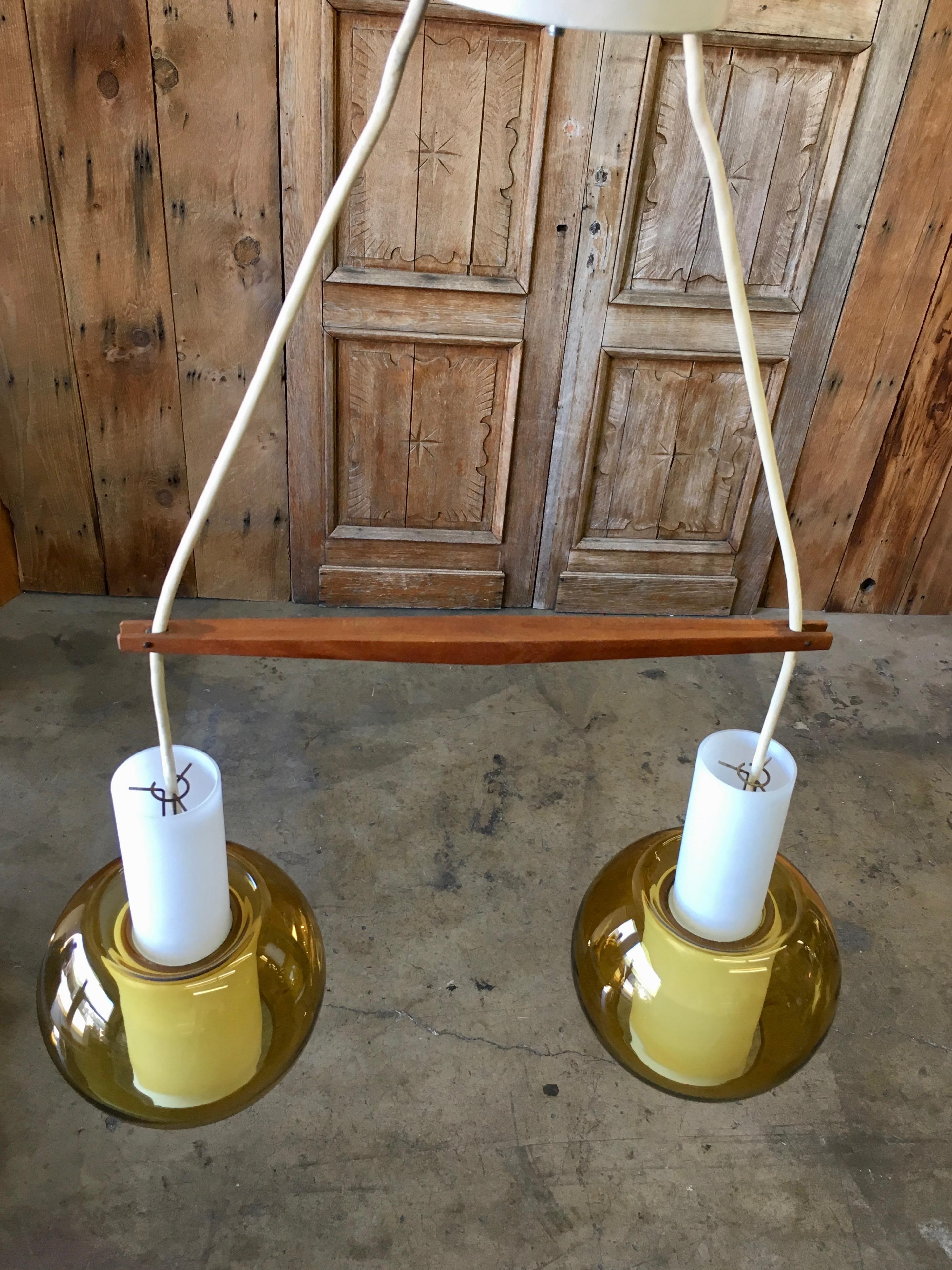 Danish Modern Double Glass Pendant Light by Nordisk Solar In Good Condition For Sale In Denton, TX