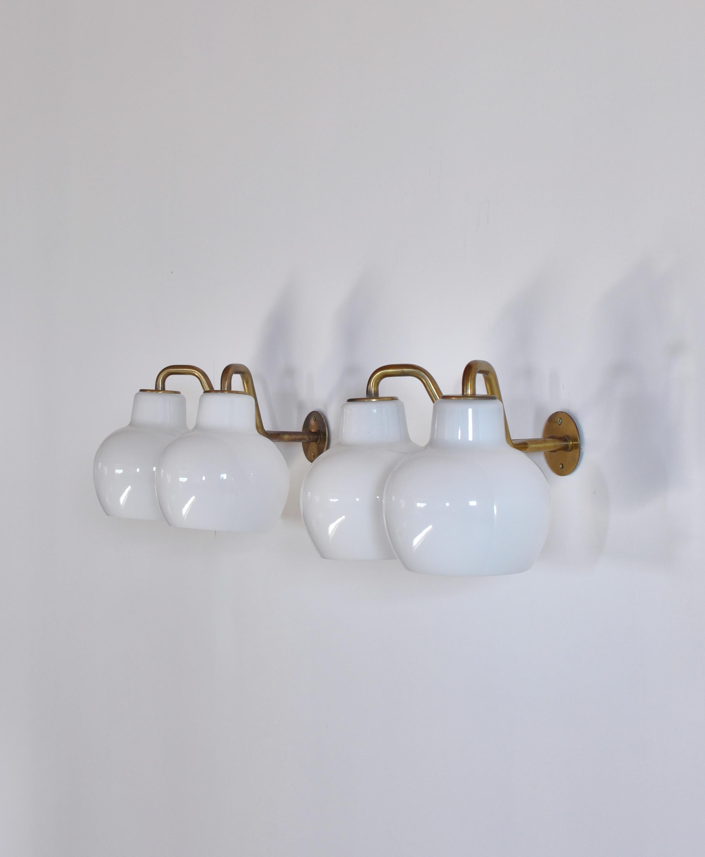 Mid-20th Century Danish Modern Double Wall Lamp by Vilhelm Lauritzen in Brass and Opal Glass