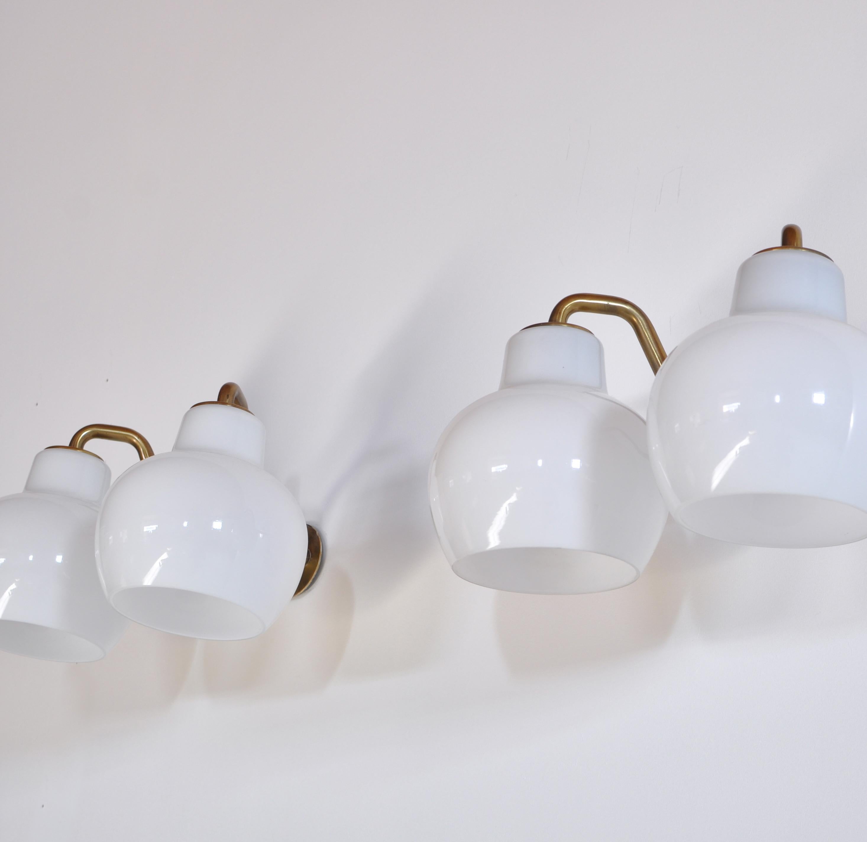 Danish Modern Double Wall Lamp by Vilhelm Lauritzen in Brass and Opal Glass 1