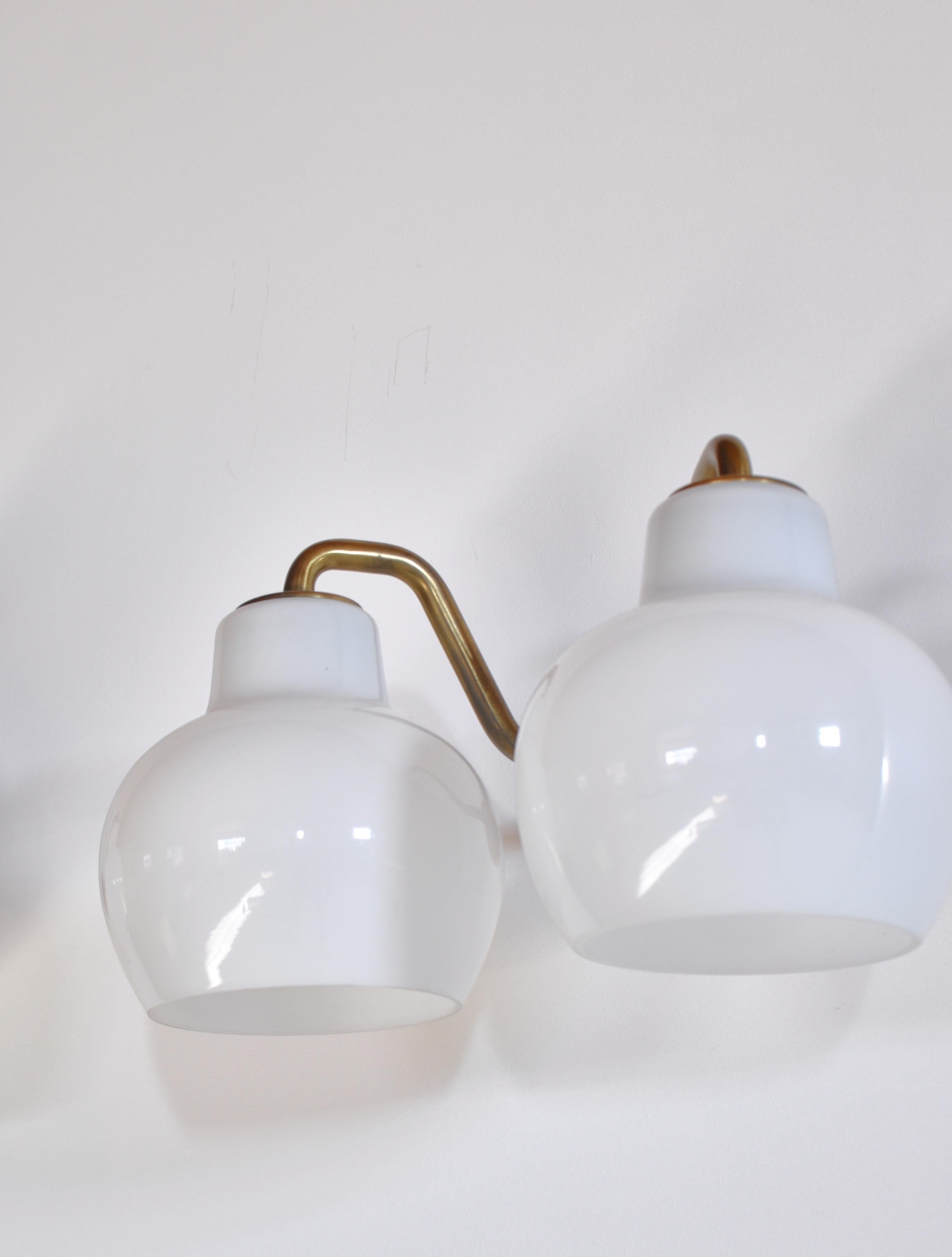 Danish Modern Double Wall Lamp by Vilhelm Lauritzen in Brass and Opal Glass 2