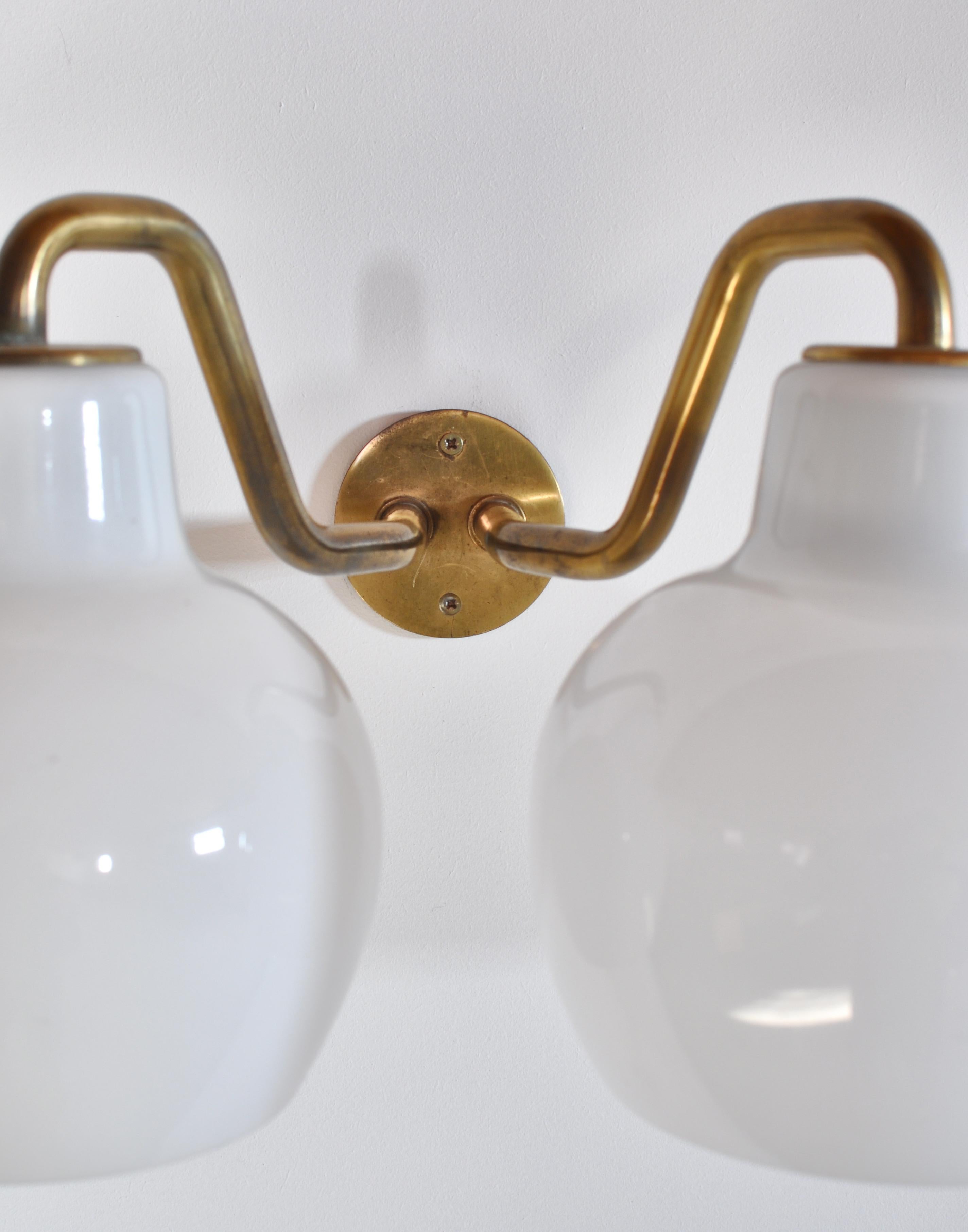 Danish Modern Double Wall Lamp by Vilhelm Lauritzen in Brass and Opal Glass 5
