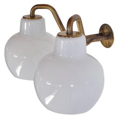 Danish Modern Double Wall Lamp by Vilhelm Lauritzen in Brass and Opal Glass