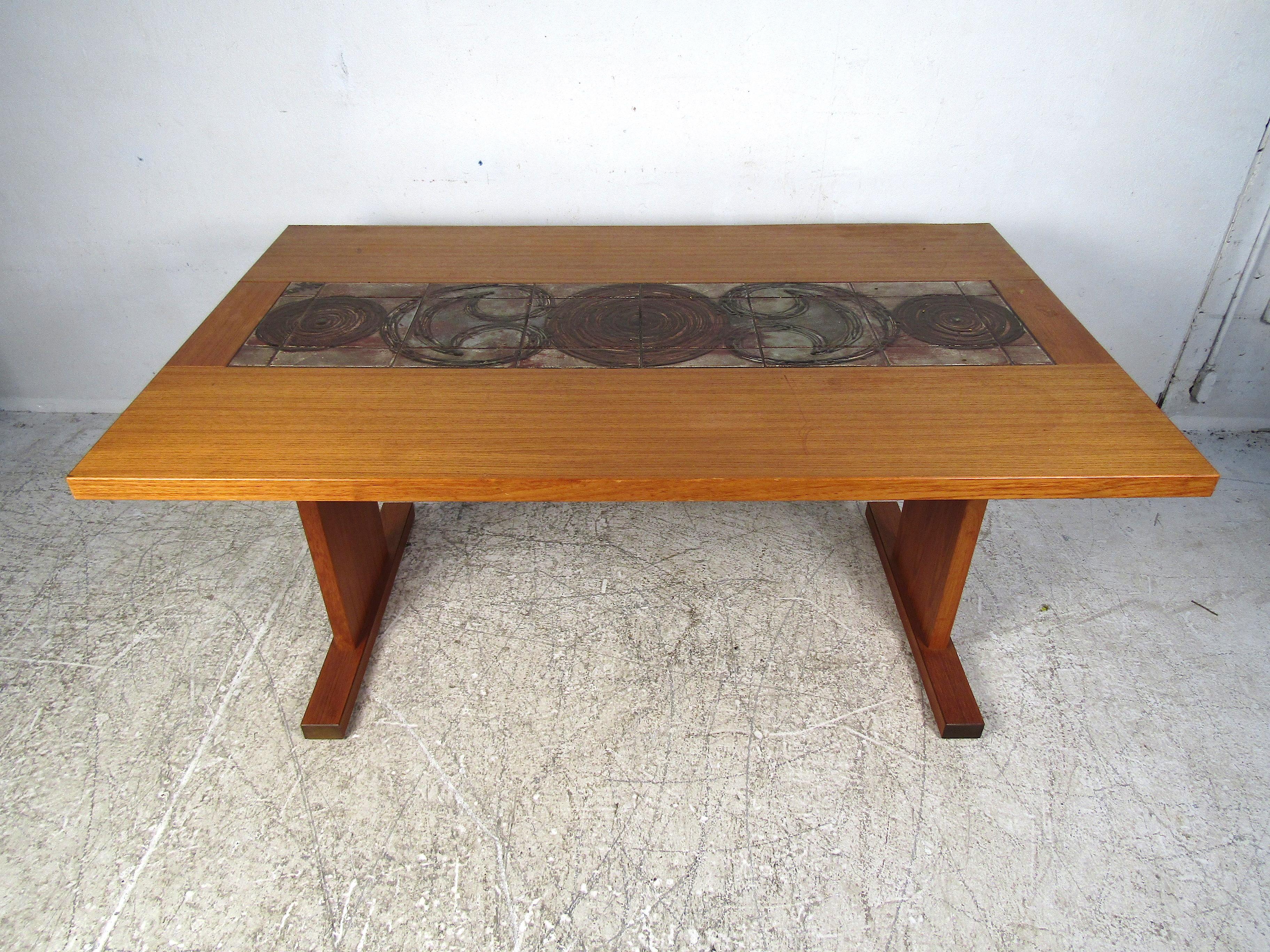 Mid-Century Modern Danish Modern Drop-Leaf Dining Table with Tile Inlays For Sale