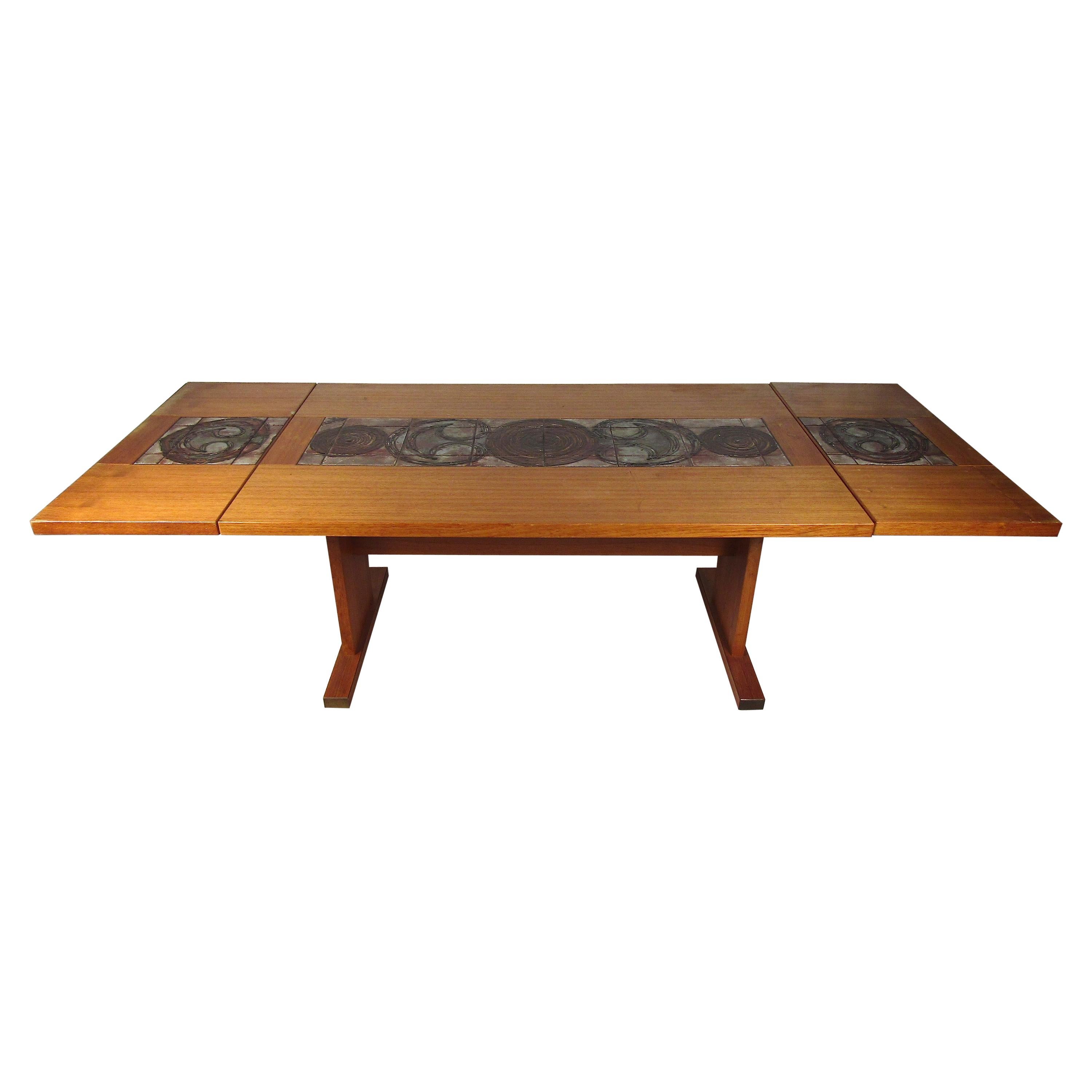 Danish Modern Drop-Leaf Dining Table with Tile Inlays