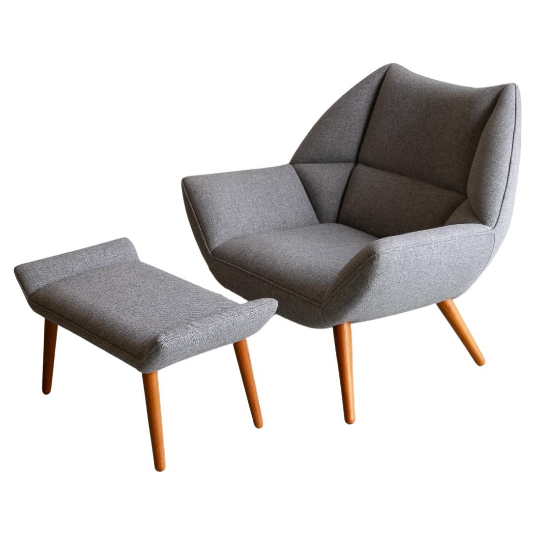 Danish Modern Easy Chair and Stool Model 12 by Kurt Østervig, 2010s. For Sale