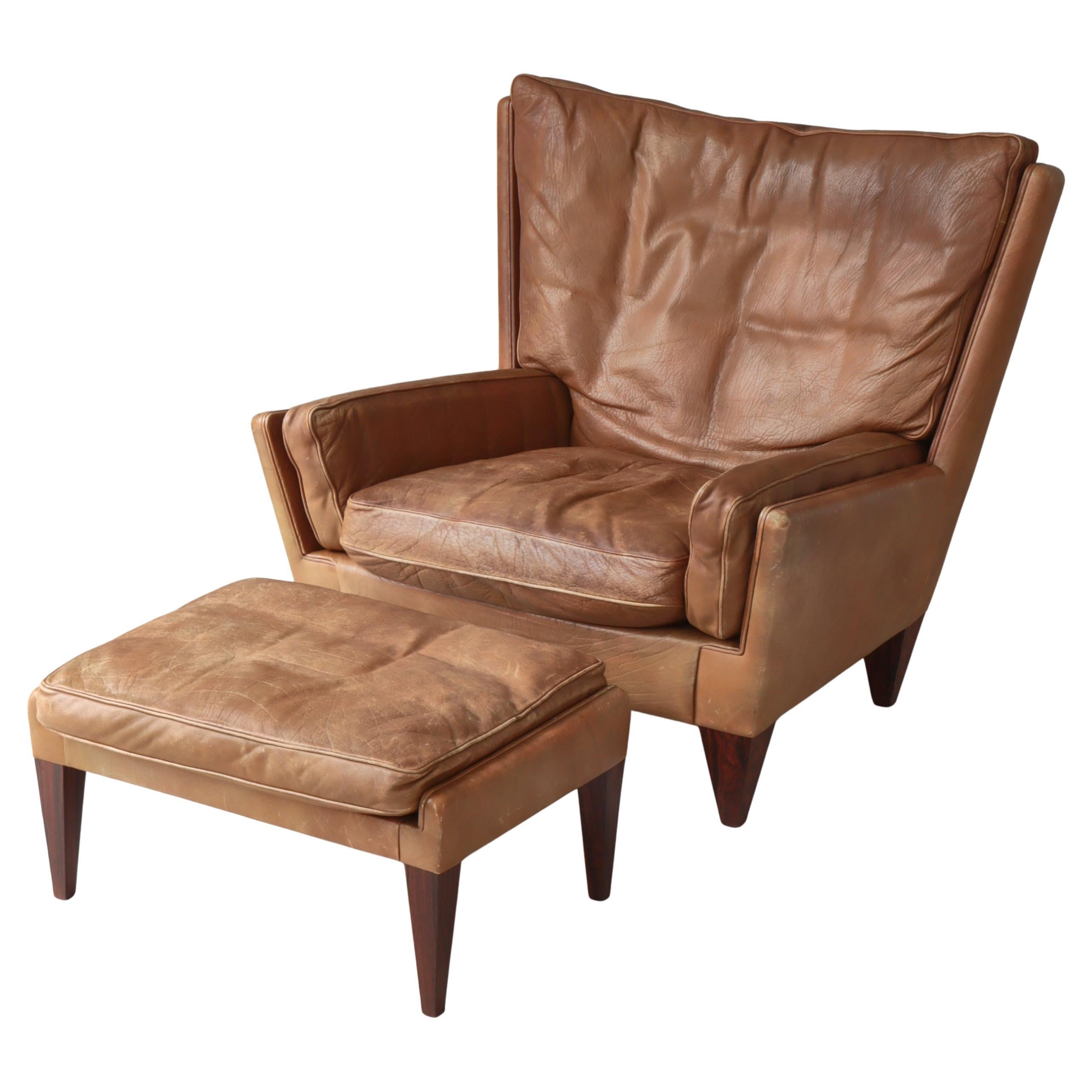 Sedia moderna danese modello "V11" in pelle marrone di Illum Wikkelsø, anni '60 in vendita