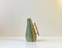 Danish Modern Elisabeth Loholt Ceramic Pumpkin Vase with Bamboo Handle, 1950s