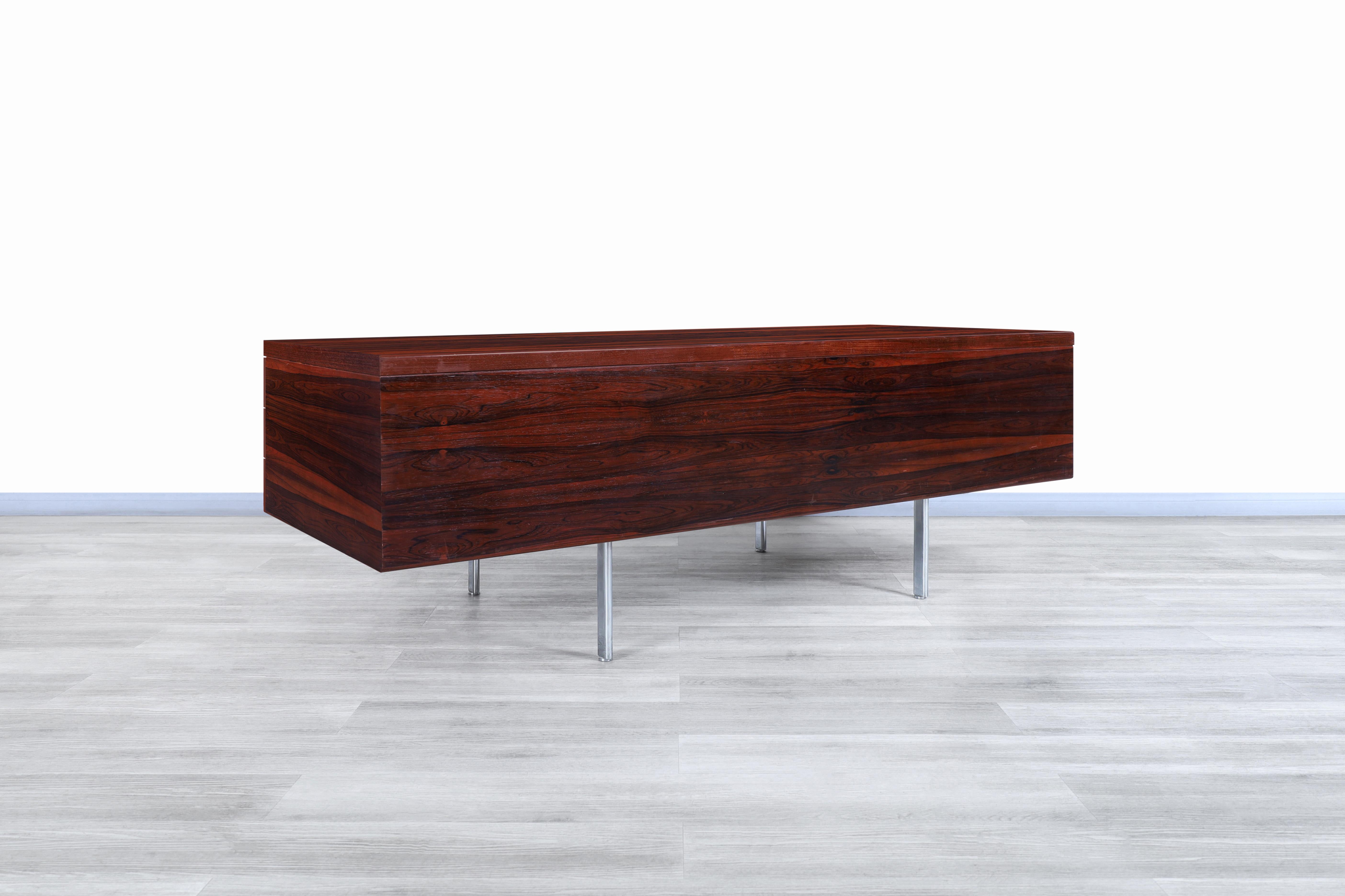 Chrome Danish Modern Executive Brazilian Rosewood Desk For Sale