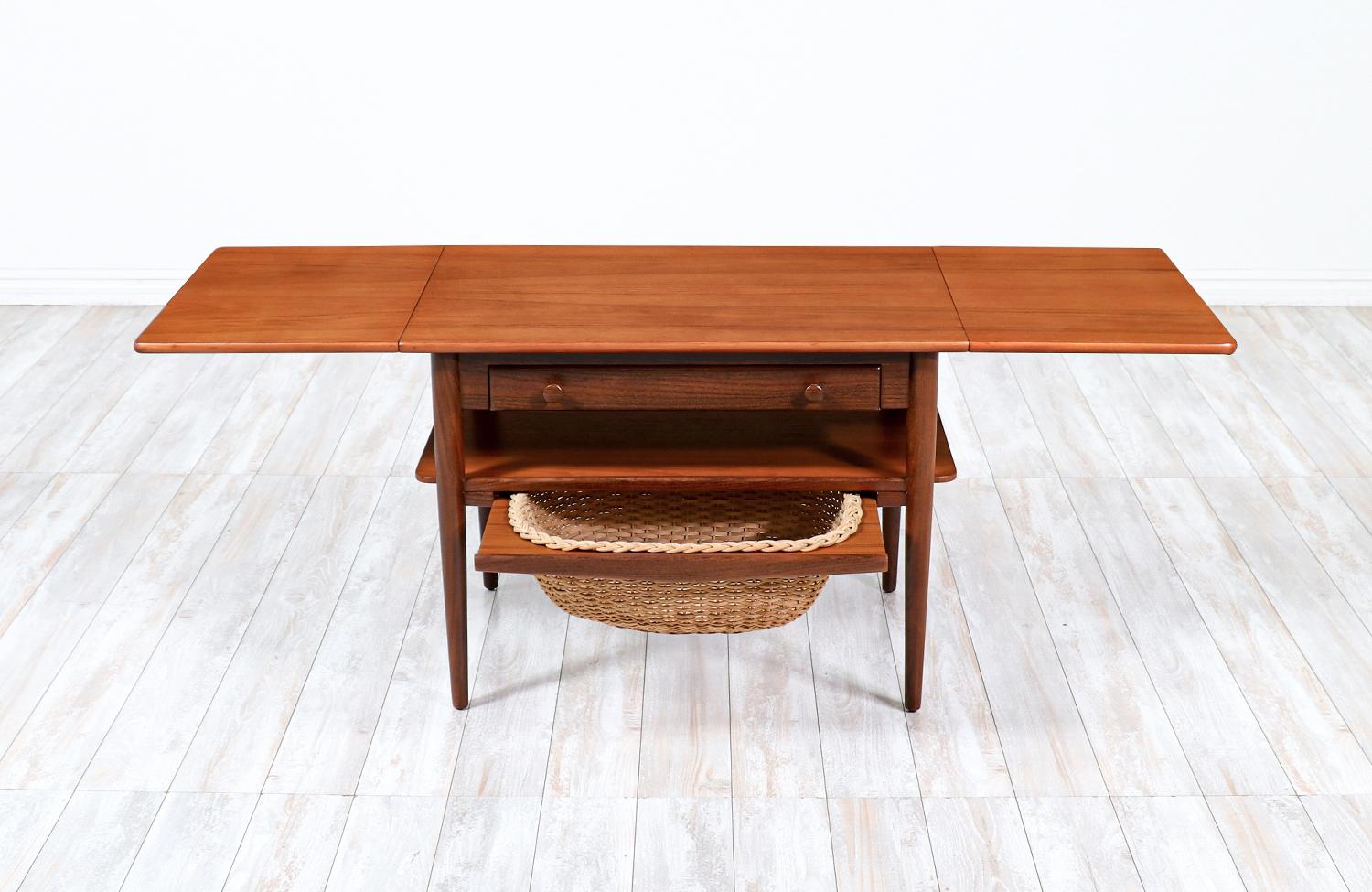 Danish Modern Expanding Teak Sewing Table with Basket In Excellent Condition In Los Angeles, CA