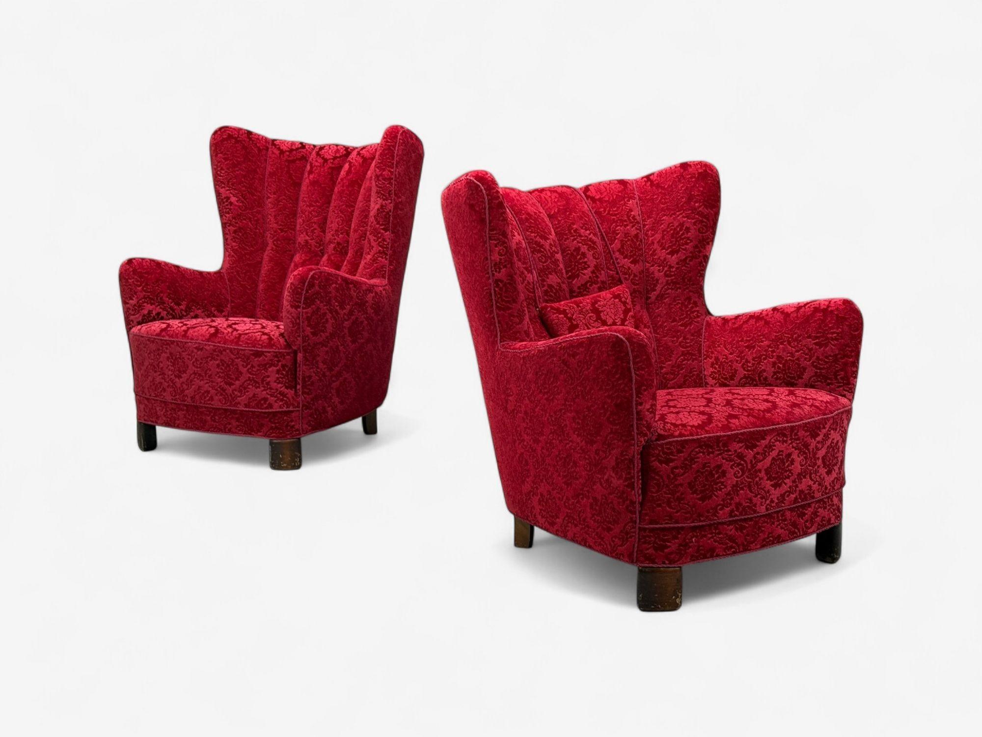 Modernas sillas danesas, tela, madera, para él y para ella, Dinamarca, años 60 Tela en venta