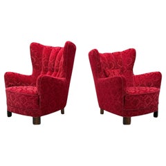 Danish Modern, Fabric, Wood, His and Hers Lounge Chairs, Denmark, 1960s