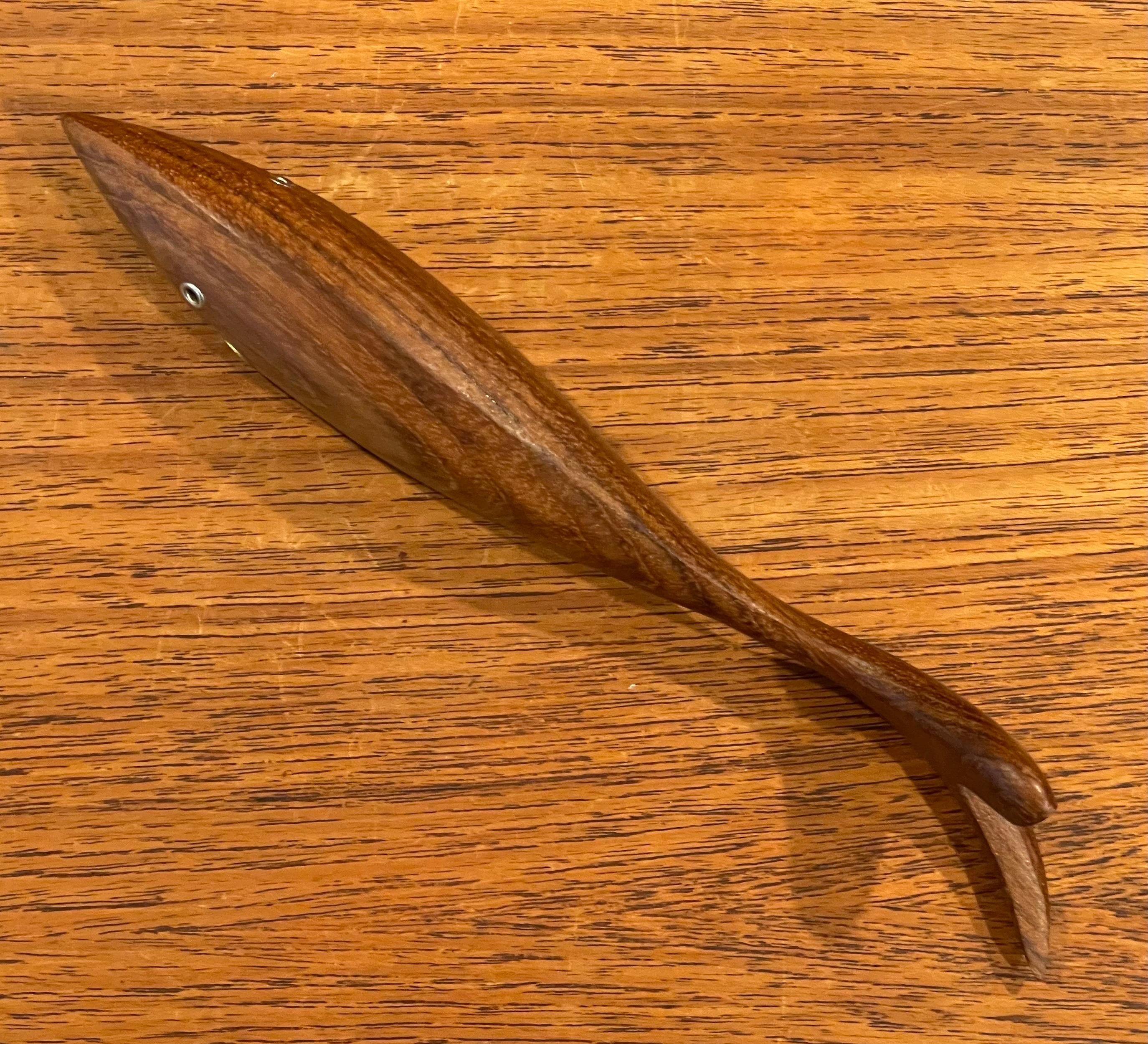 Danish Modern Fish Shaped Teak and Brass Bottle Opener In Good Condition For Sale In San Diego, CA