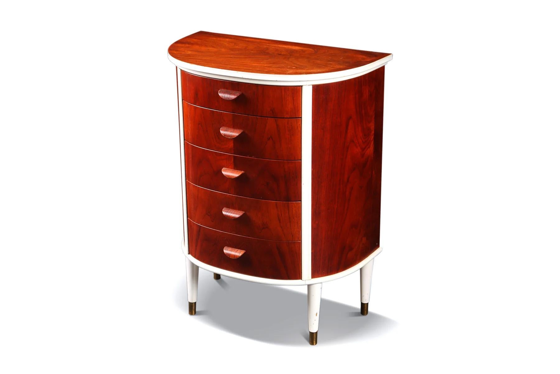 Danish modern five drawer bow front chest in teak + white lacquer In Good Condition For Sale In Berkeley, CA