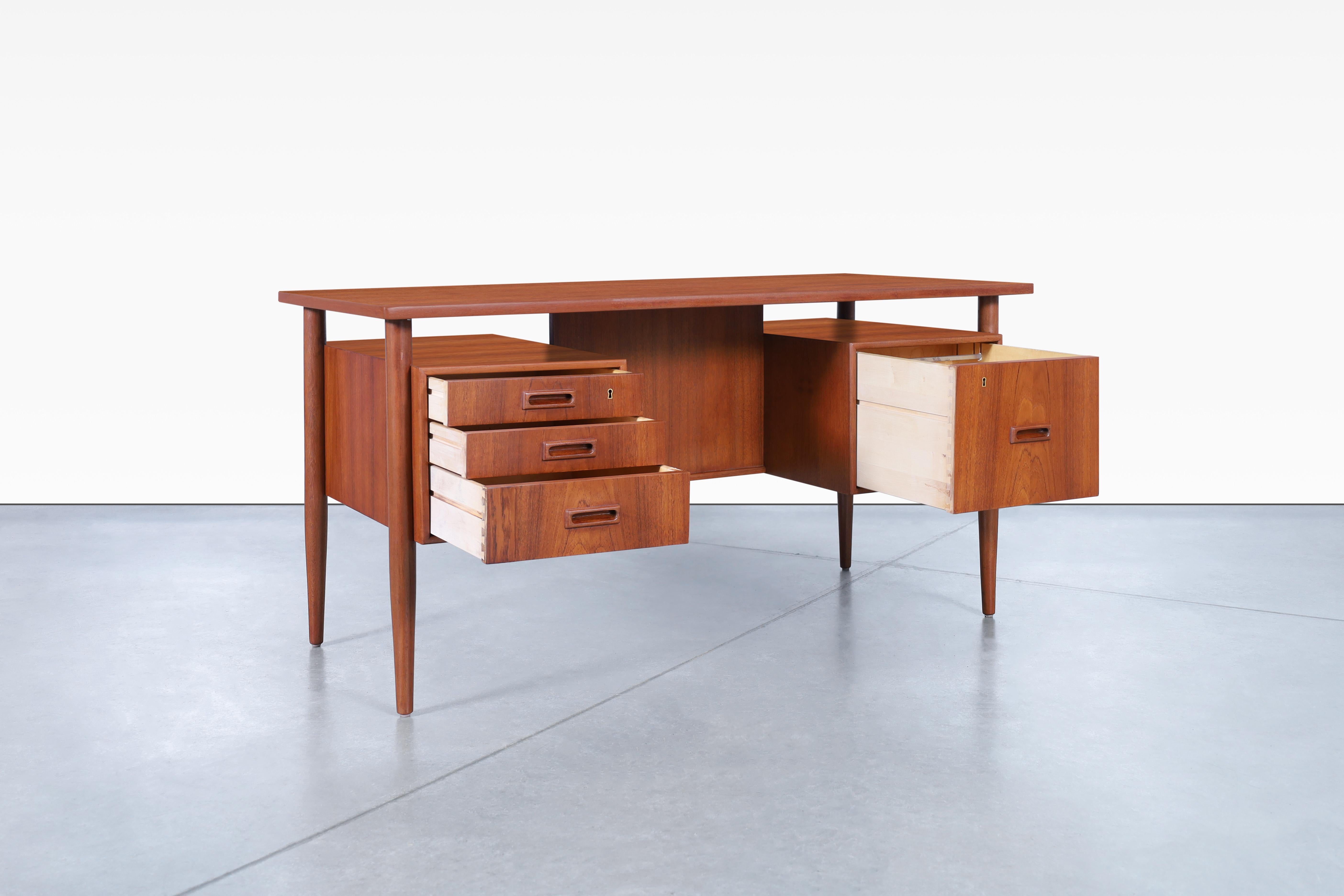 Danish Modern Floating Top Teak Desk by Johannes Sorth In Excellent Condition For Sale In North Hollywood, CA