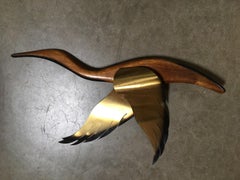Danish Modern Flying Geese Wood Brass Birds Wall Sculpture