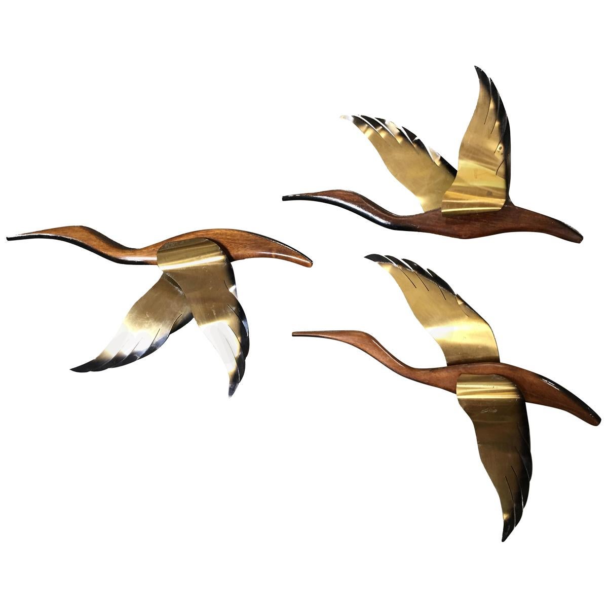 Danish Modern Flying Geese Wood Brass Birds Wall Sculpture