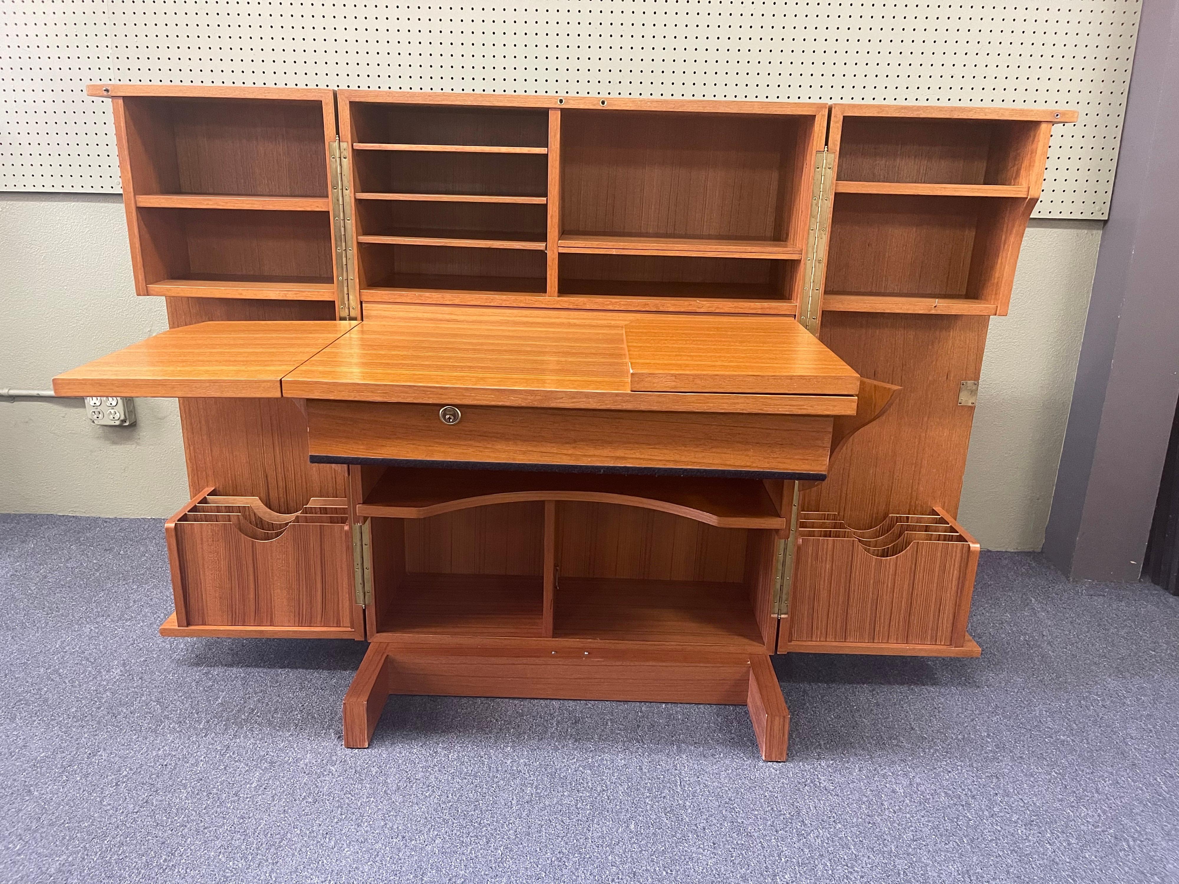 Rare Danish modern foldable teak writing desk / cabinet called the 