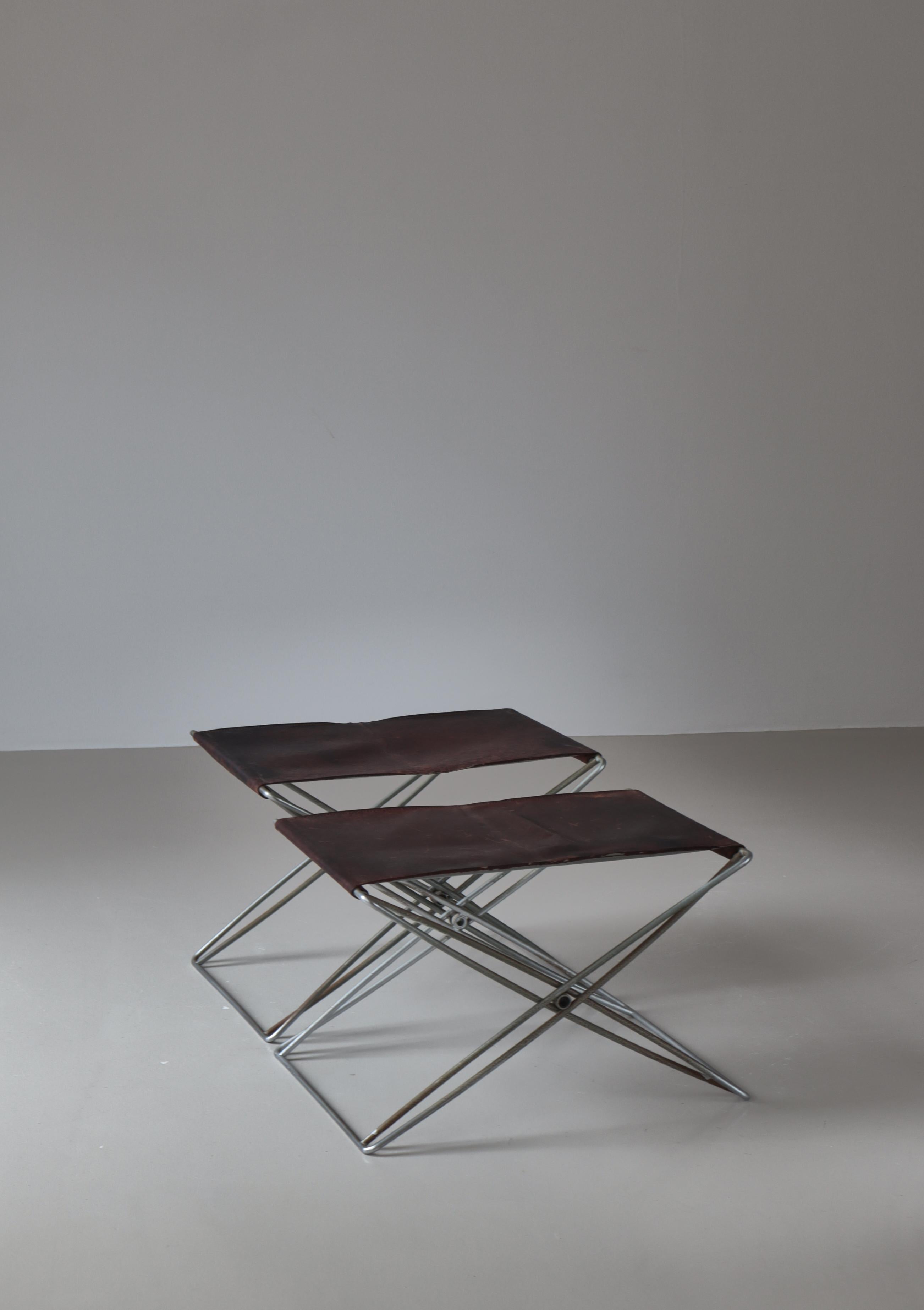 Acciaio Sgabelli moderni danesi Foldes in acciaio e pelle patinata, Jørgen Gammelgaard, 1970 in vendita