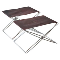 Tabourets pliants danois modernes en acier et cuir patiné, Jørgen Gammelgaard, 1970