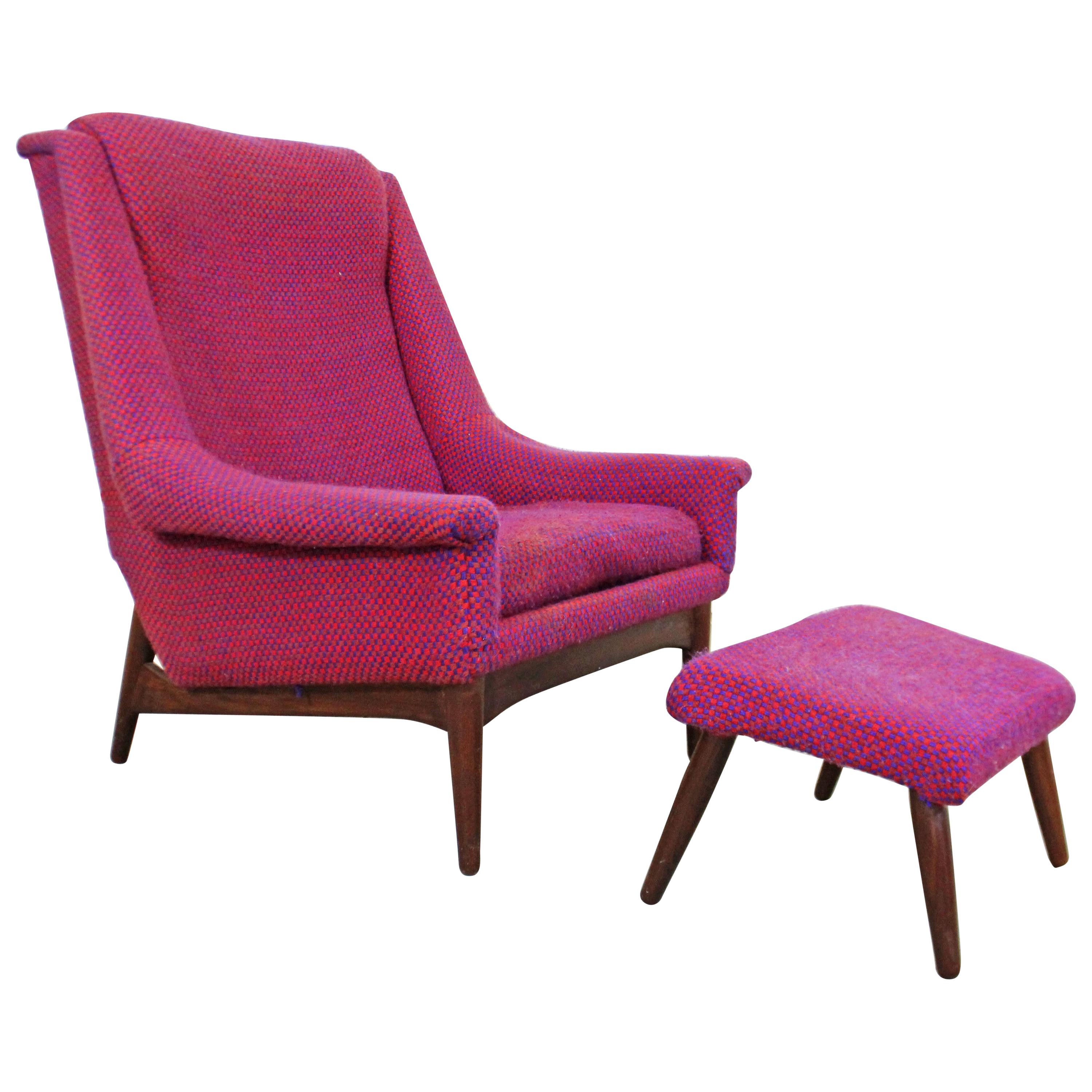 Danish Modern Folke Ohlsson Style Bramin Teak Easy Lounge Chair & Ottoman