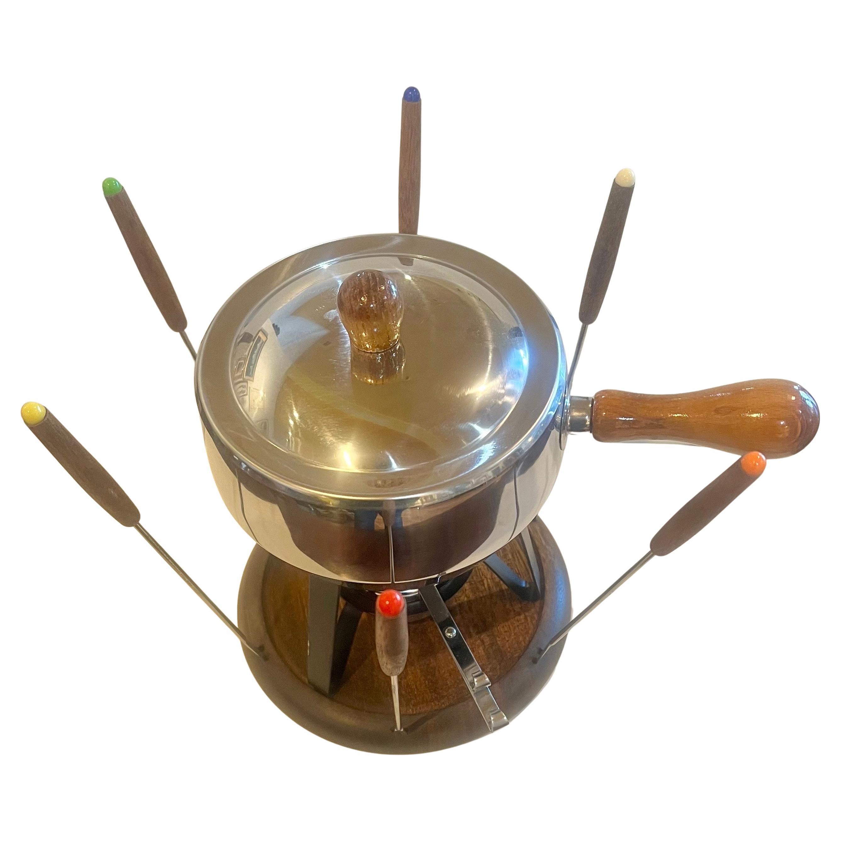 Mid-Century Modern Danish Modern Fondue Pot 1970's Never Used with Forks Complete Set