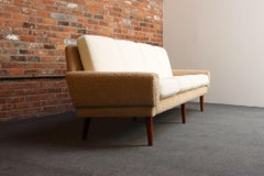 Danish Modern Four Seat Long Sofa in Teak and Two-Tone Bouclé