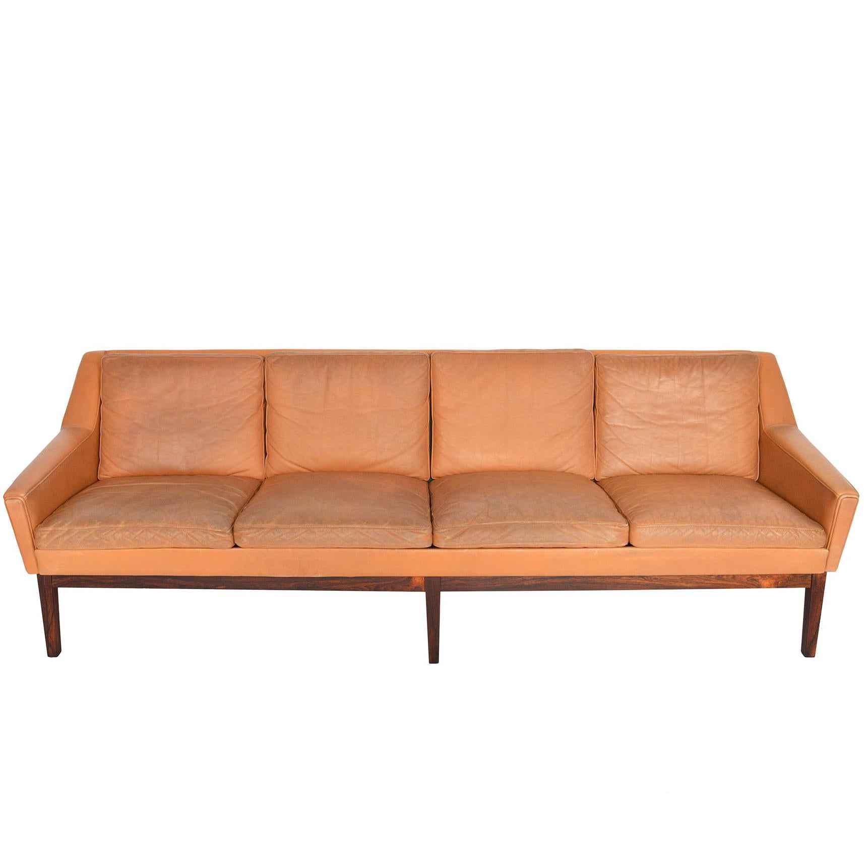 Danish Modern Four-Seat Sepia Leather Sofa