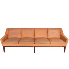 Danish Modern Four-Seat Sepia Leather Sofa